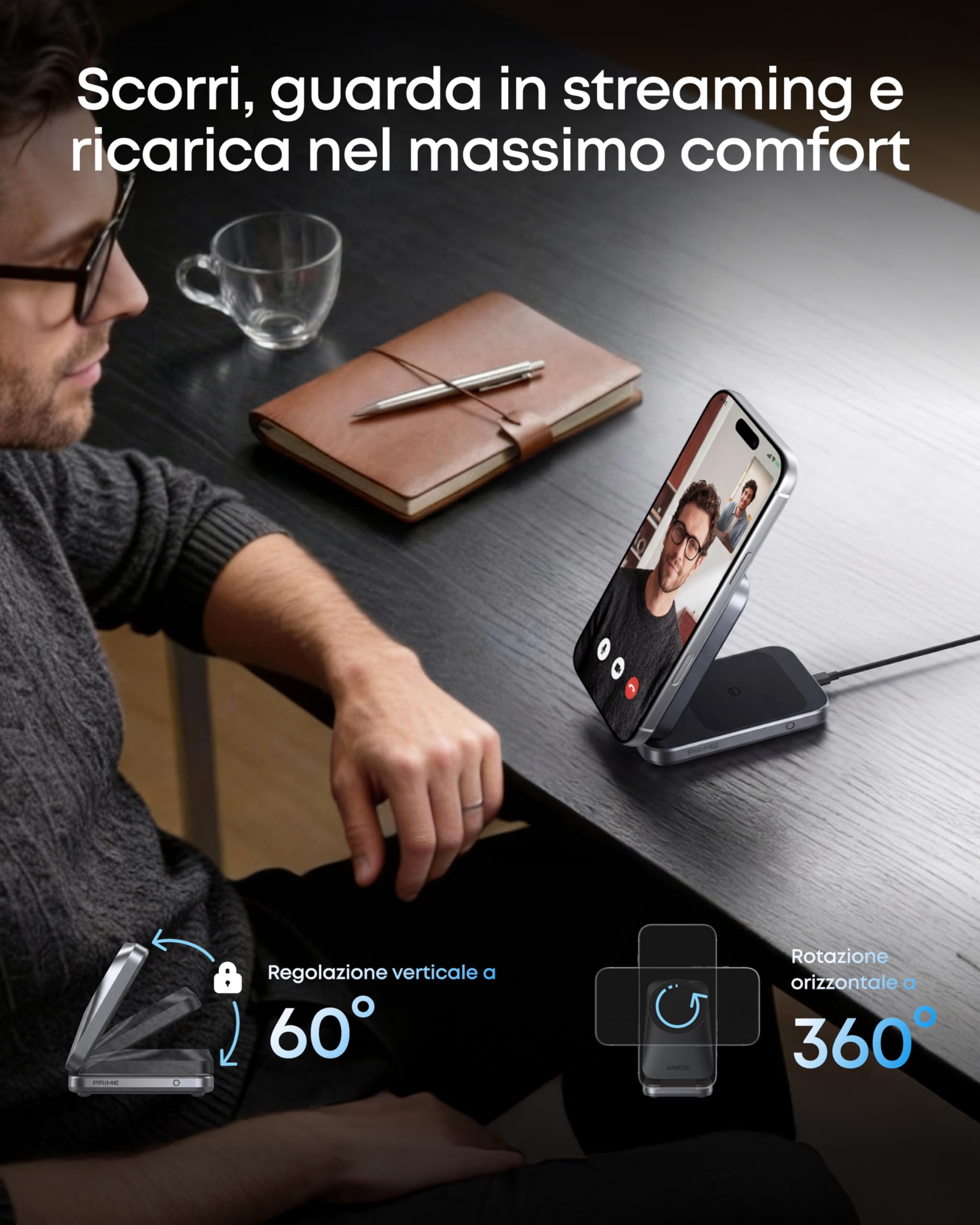 Anker Prime Caricatore Wireless iphone 3 in 1, MagSafe Compatibile, Certificata Qi2.2 da 25W, Pieghevole e Compatta. Ricarica iPhone 17/16, Apple Watch, AirPods (Senza Batteria, Adattatore Incluso)