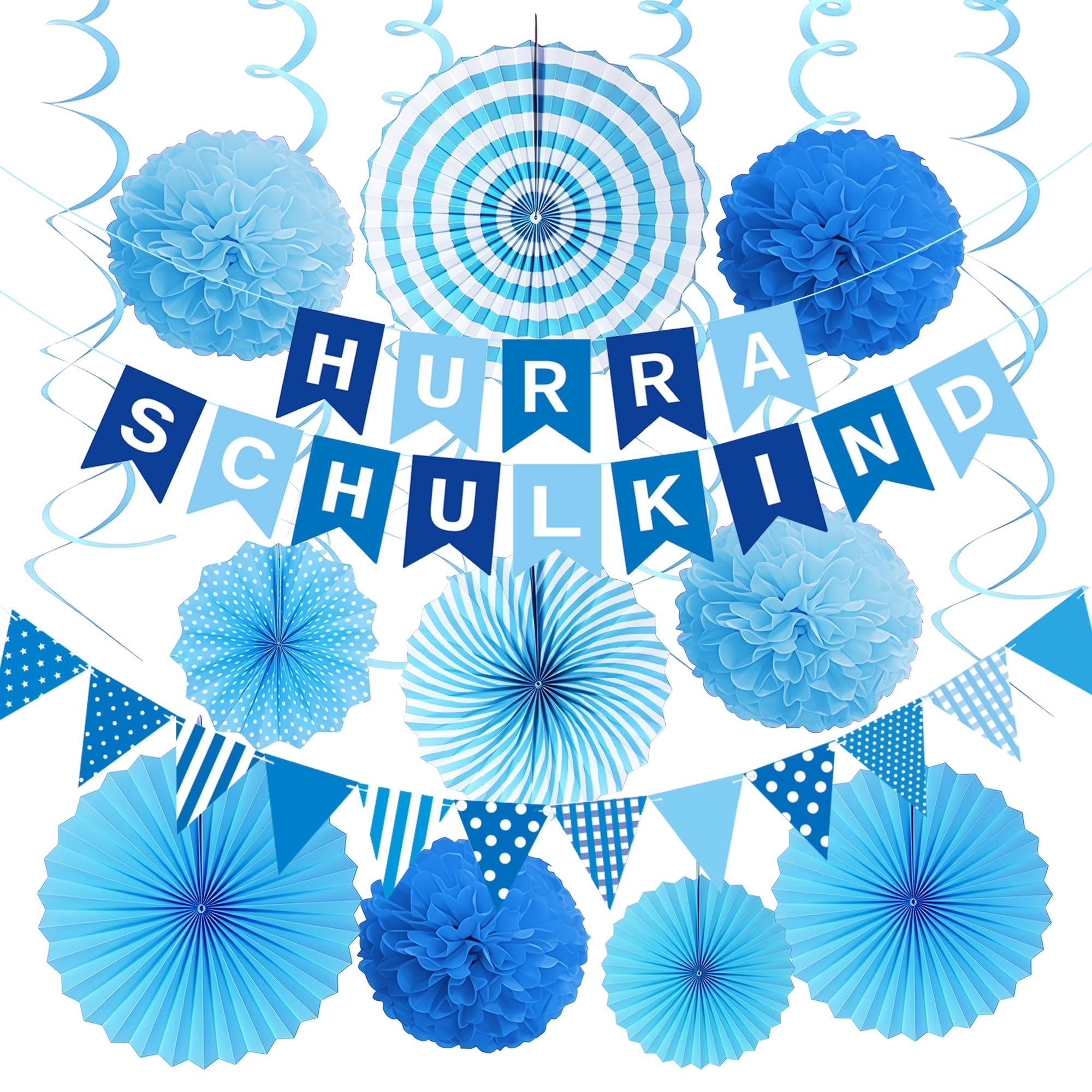Einschulung Deko Mädchen Junge 2026 SCHULKIND Deko,HURRA SCHULKIND Girlande+Wimpelkette+Pompons+Papier Fächer+Papierwirbel Geschenke zur Einschulung Schulkind Schulanfang Schuleinführung Deko