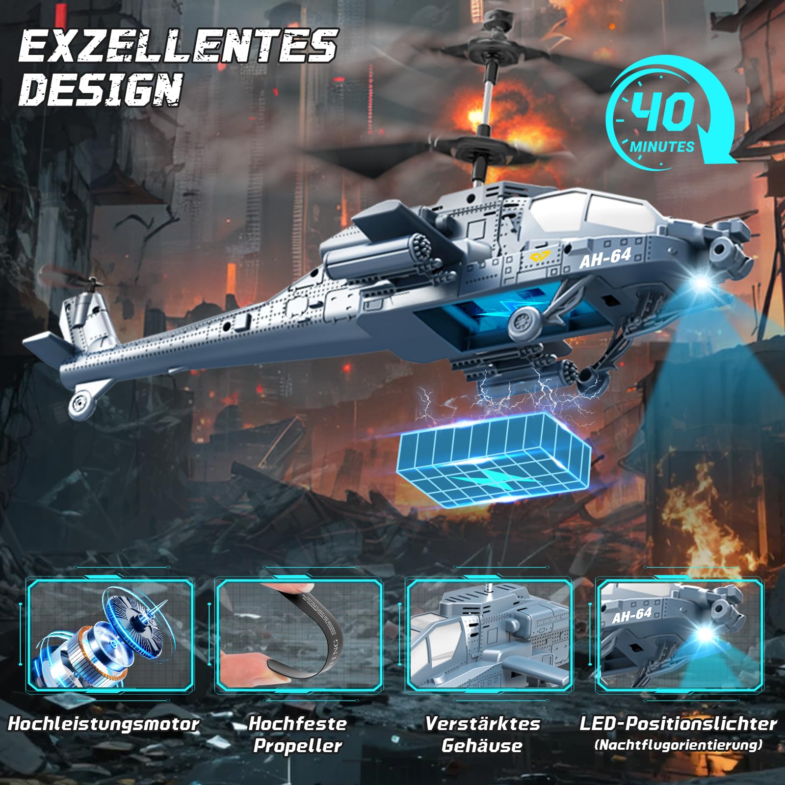 Charmofun Hubschrauber Ferngesteuert, 2.4Ghz RC Helikopter mit Licht und 3 Akkus, 40 Minuten Flugzeit, 3.5 Kanäle Helikopter Ferngesteuert mit Höhenhaltefunktion, Geschenke für Kinder ab 8 Jahre(Blau)