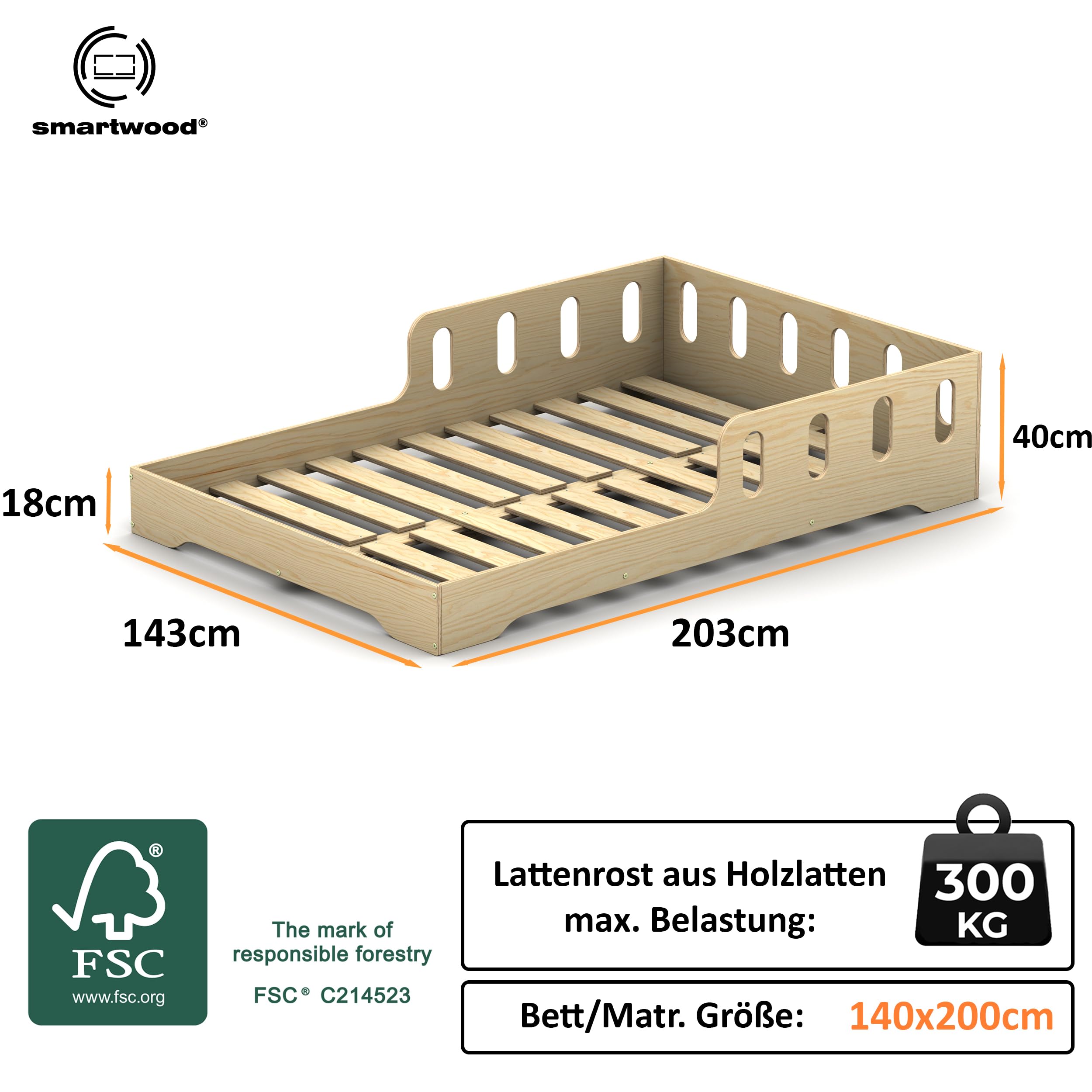 smartwood Kinderbett 140x200 cm - Montessori Bett mit Rausfallschutz & Lattenrost - Kinderbett aus Holz mit FSC-Zertifikat - Bodenbett für Jungen & Mädchen - Einfache Montage - TILA 6