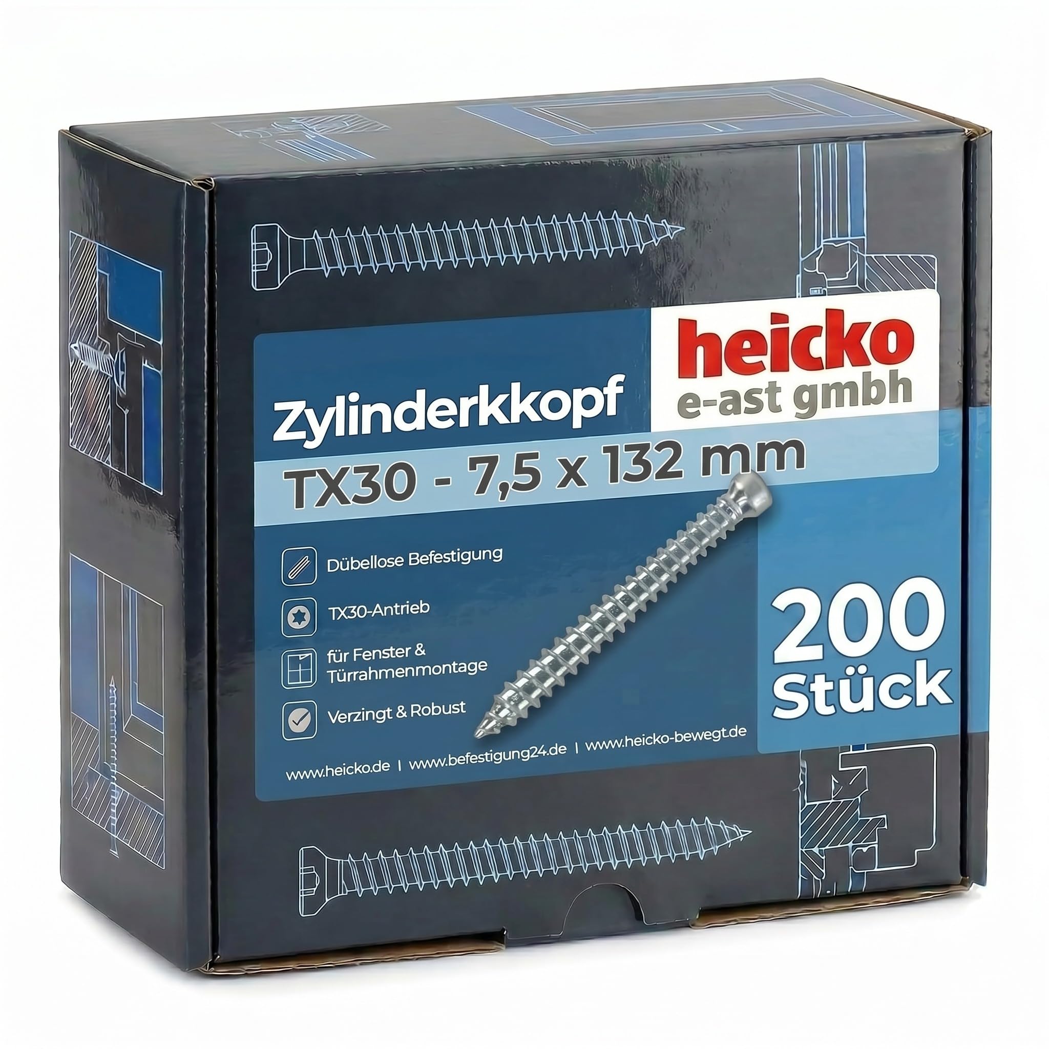 Fensterrahmenschraube/Montageschraube mit Zylinderkopf, verzinkt Blau, TX30-Antrieb 7.5x132 mm (100 ST)
