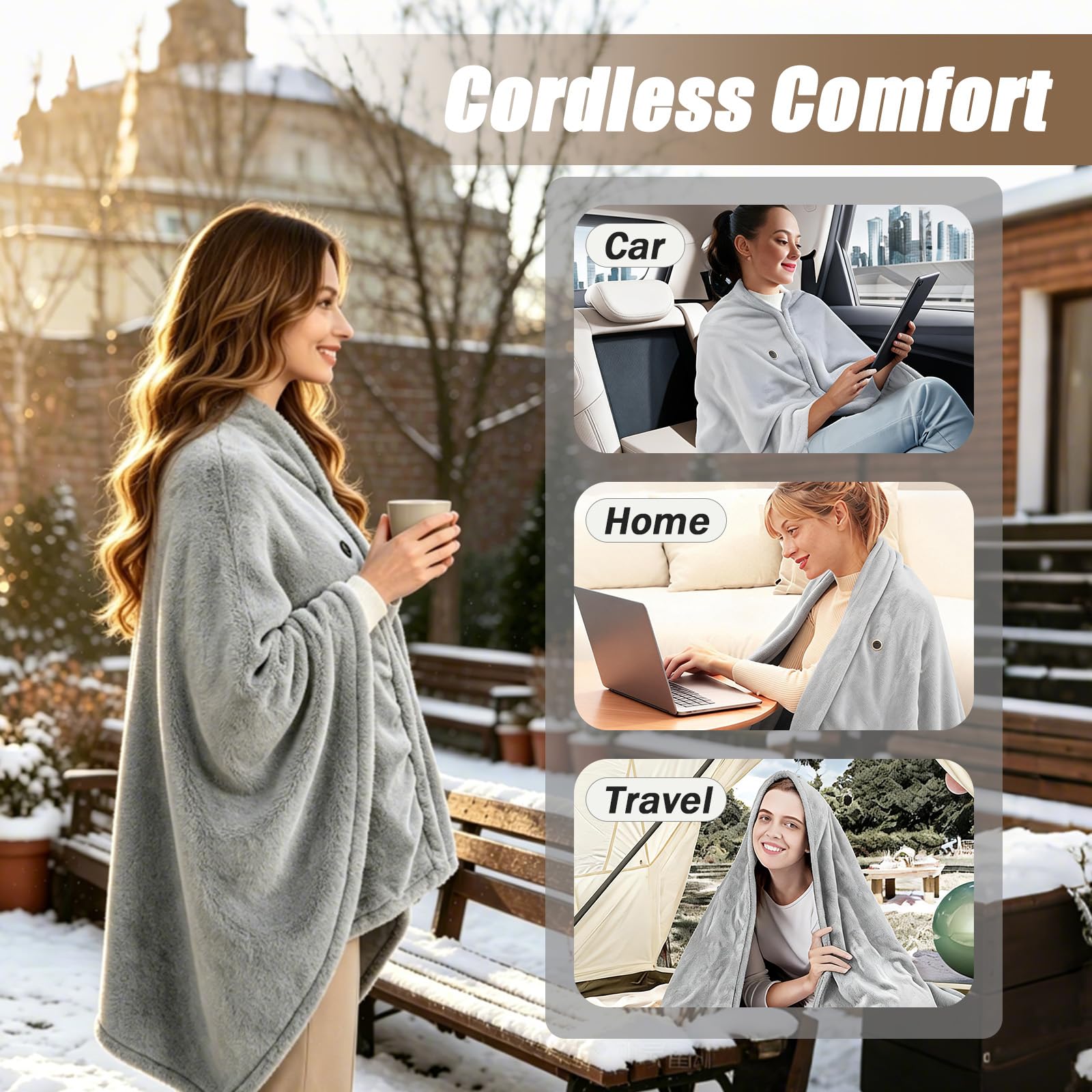 Coperta Elettrica, 160x90 cm, 3 Temperature, Wireless, Soffice | Tessuto morbido, 3 temp 45-65°C, USB ric., ant-surrisc., lavabile, per casa