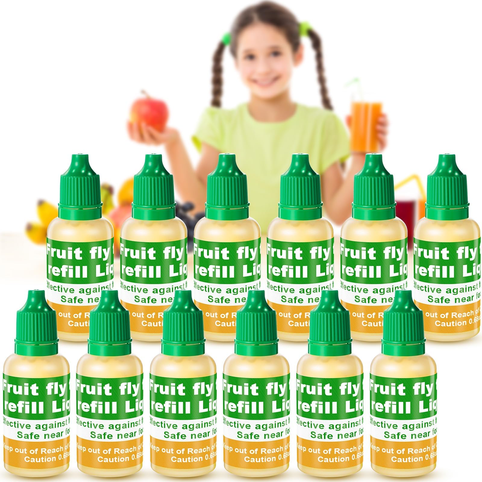 Qualirey 12 Pack Fruit Fly Trap Refill Liquid, 0.68oz Per Bottle Liquid Fruit Fly Traps for Indoors, Non Toxic Bait Safe Near Pets, Food and Kids, Lure Refill for Home Kitchen