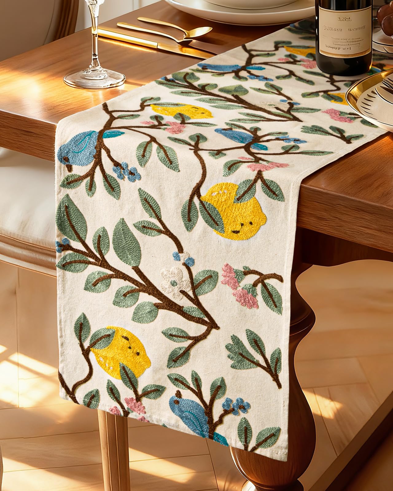 Photo 1 of Kokaaee Canvas Embroidered Table Runner - 13"x 60" Coffee Table Runner for Living Room Boho Tablerunner for Dining Room Washable Farmhouse Kitchen Island Counter Decor Housewarming Gift, Lemon Bird