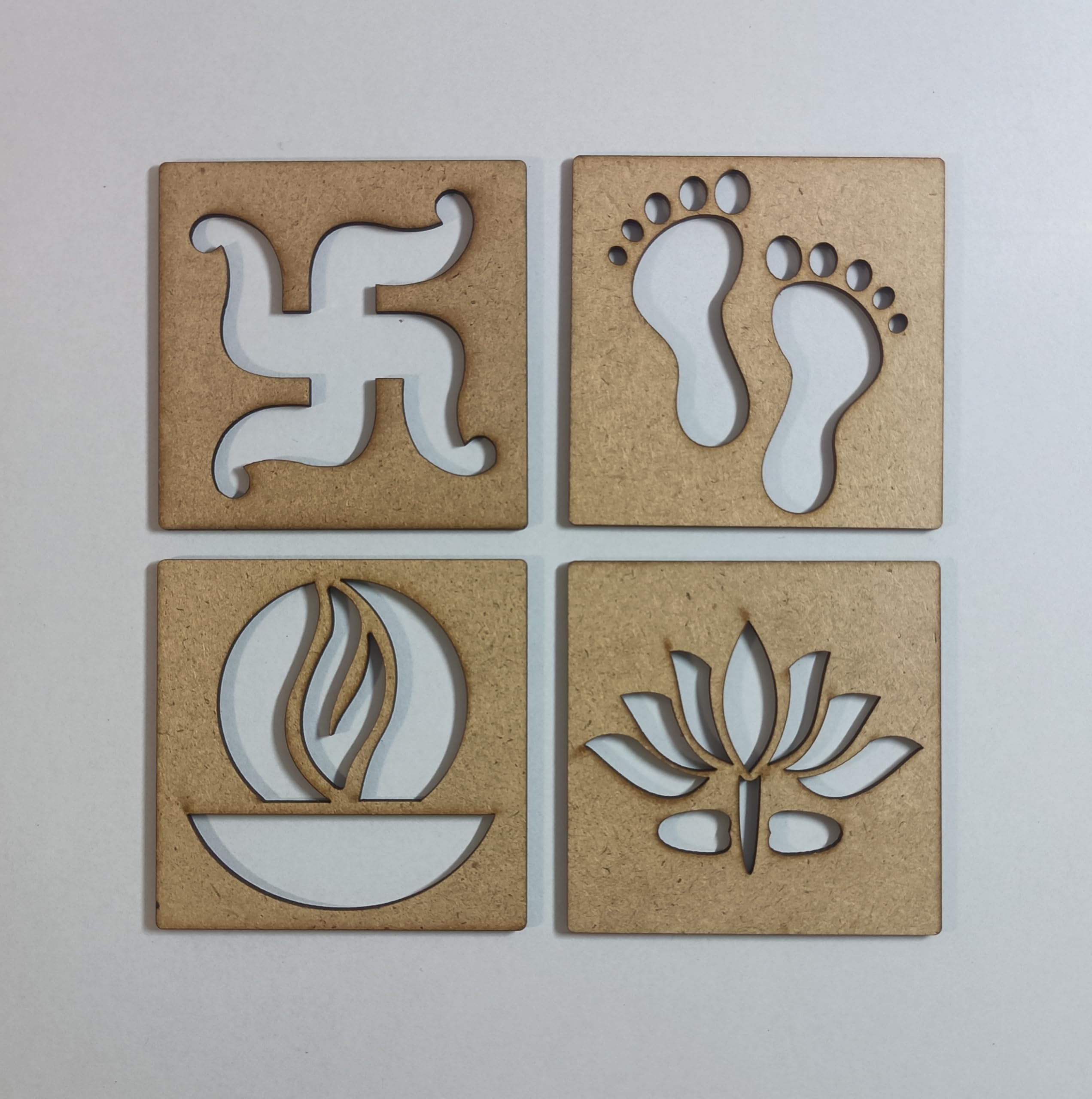 Wooden Rangoli Stencils, Set of 4, MDF Cutout Designs with Swastik, Lotus, Footprint and Diya Motifs-image-47