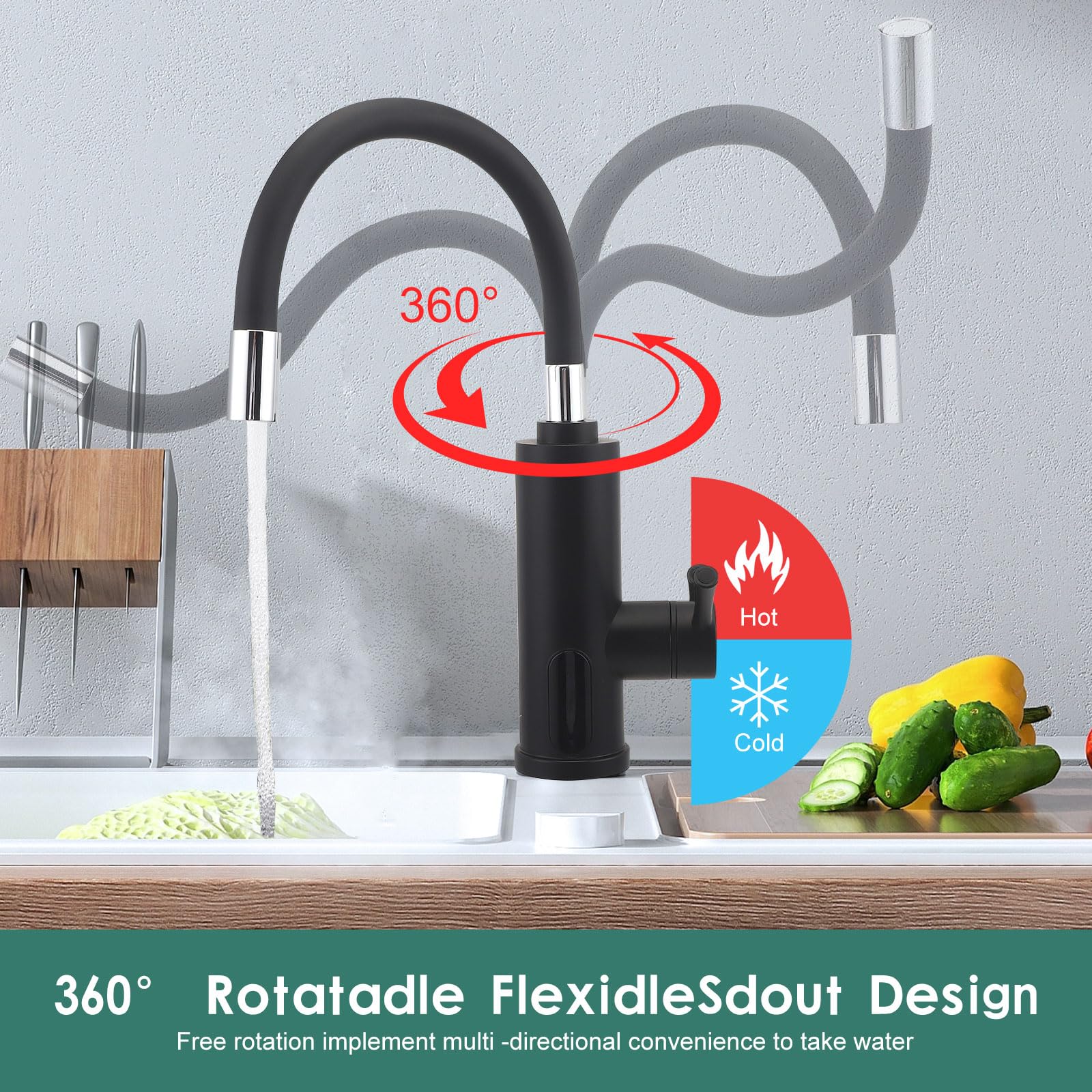 Chauffe-Eau Instantané electrique rotatif à 360°, 230V 3000W electrique Robinet de cuisine avec affichage de la température LCD, Robinet de tuyau en silicone pour Cuisine Jardin Salle de Bain Caravane