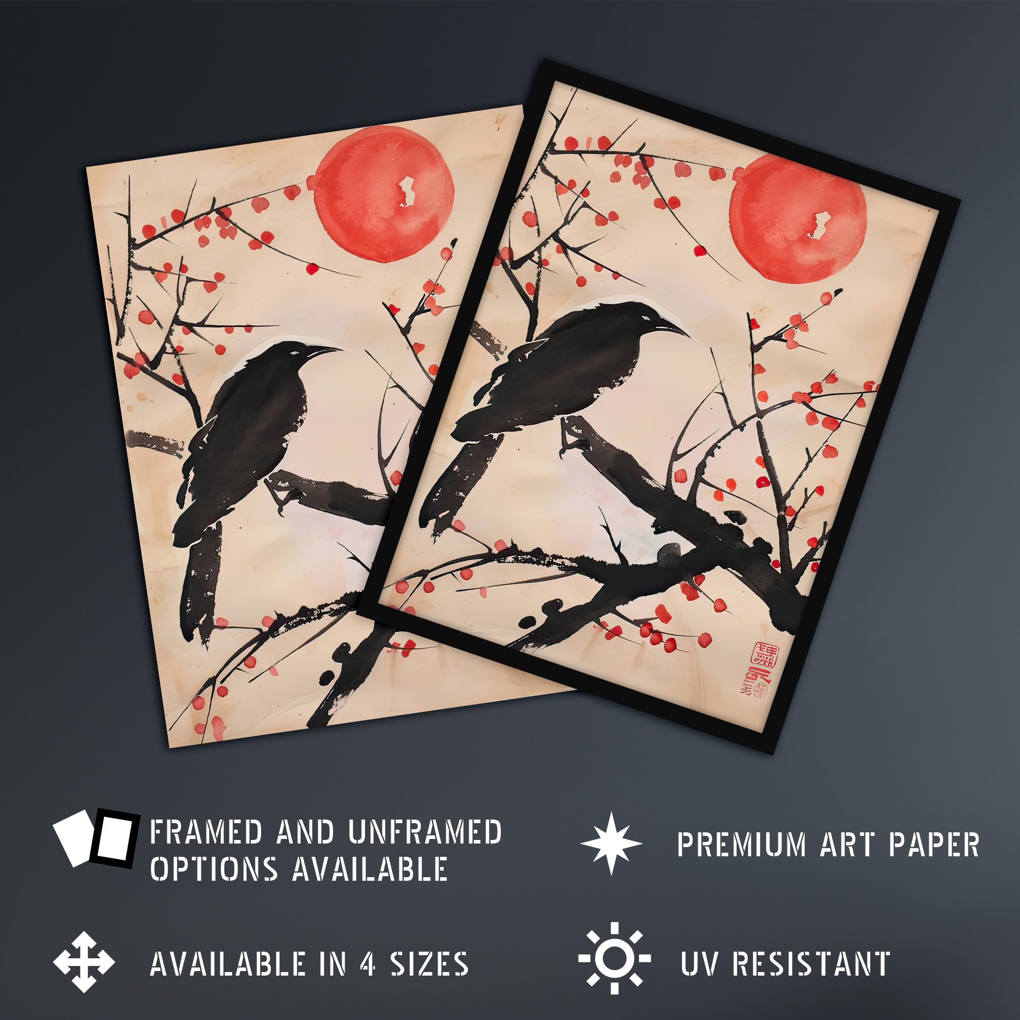 Artery8 Raven on Berry Tree Winter Sun Japanese Painting Living Room Extra Large XL Wall Art Poster Print - Image 2
