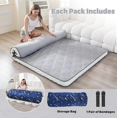Miniatura 3 de Colchón japonés para suelo, colchón de futón acolchado con parte inferior antideslizante, cama plegable con bolsa de almacenamiento y correas, (gris