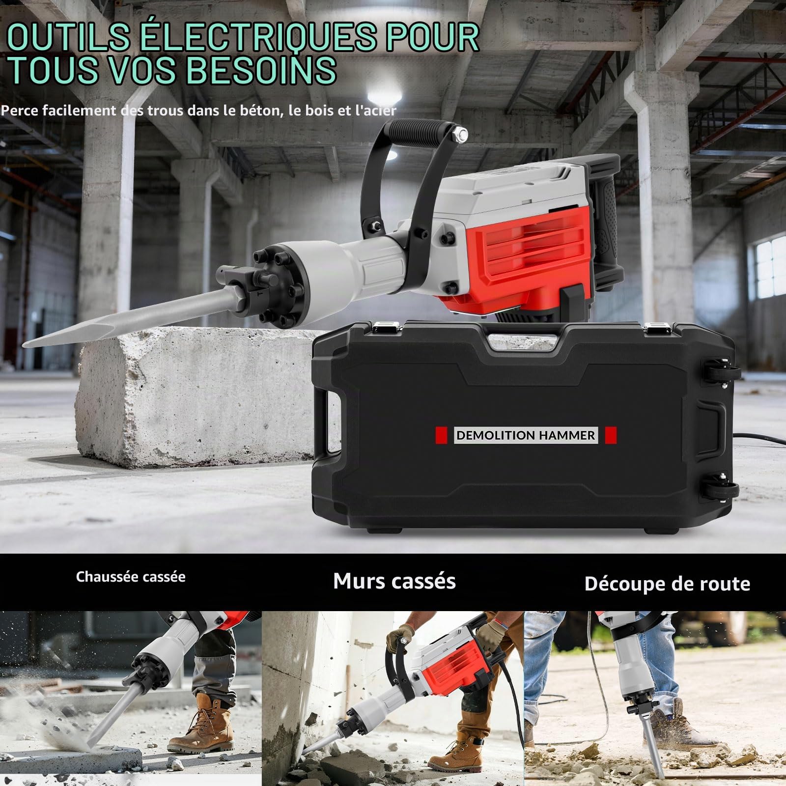 Marteau de Démolition 3500W – 60 J, 1800 BPM, 2 Burins (Plat & Pointe), Poignée 360° Anti-Vibration, pour Béton et Travaux Lourds