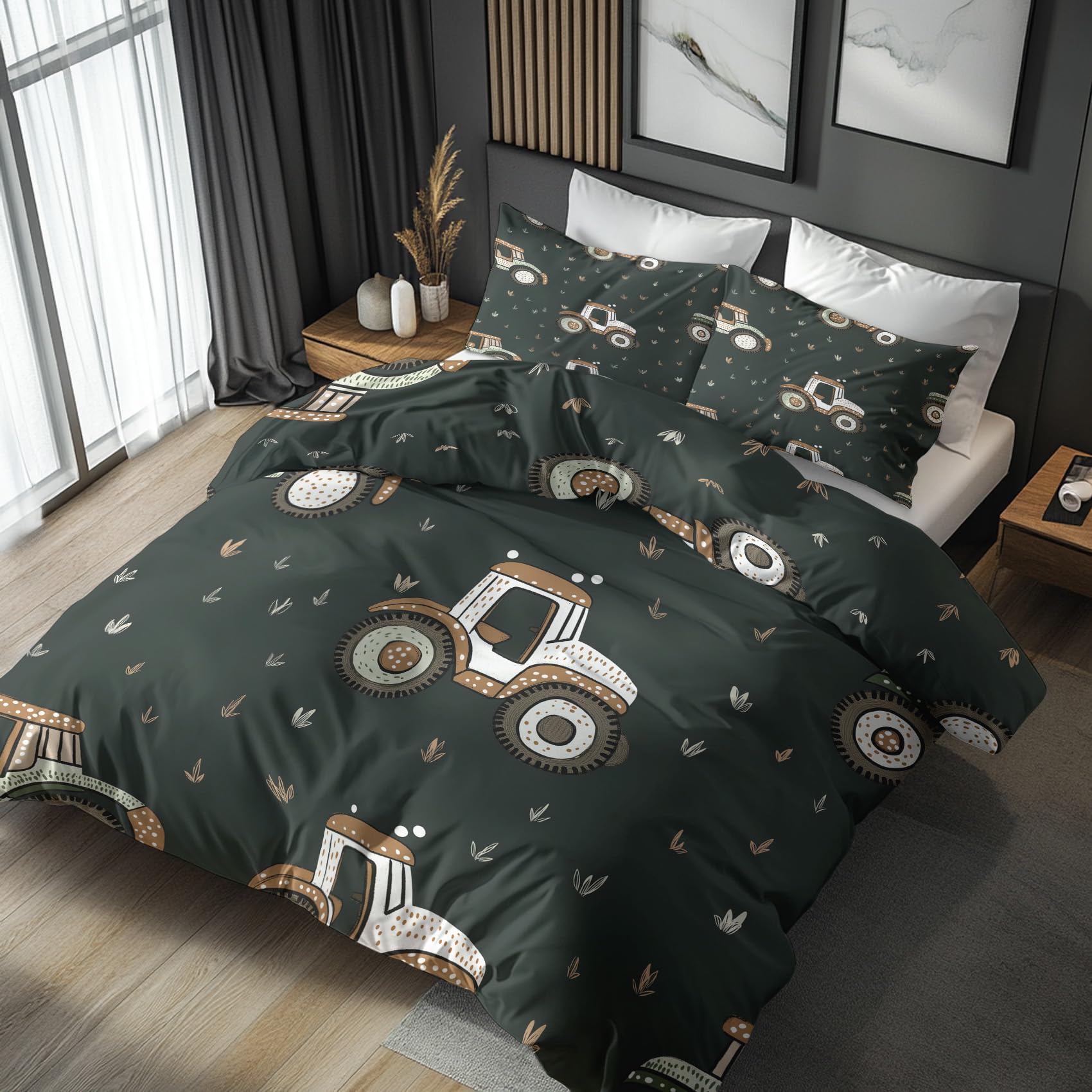 Generisch 135x200 Bettwäsche Traktor Bettbezug - 2tlg, 1 Kissenbezug 80x80, Cartoon Bauernhof Muster, Schlafzimmer Deko, Weiche Mikrofaser Wendebettwäsche mit Reißverschluss - IL270