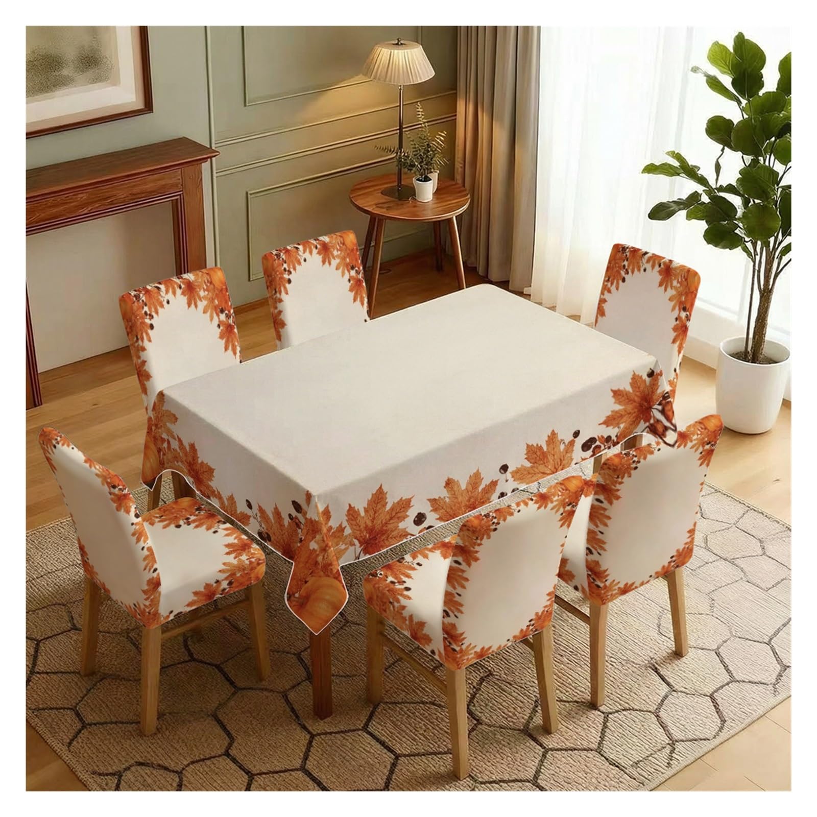 KXUAUV Beige Autumn Maple Leaf Print Stretch Dining Chair Covers Tablecloth Set, For Kitchen Dining Living Room Thanksgiving Decor, 5/7 Pack Party Decor(7pcs Set: Tablecloth+Chair Covers)