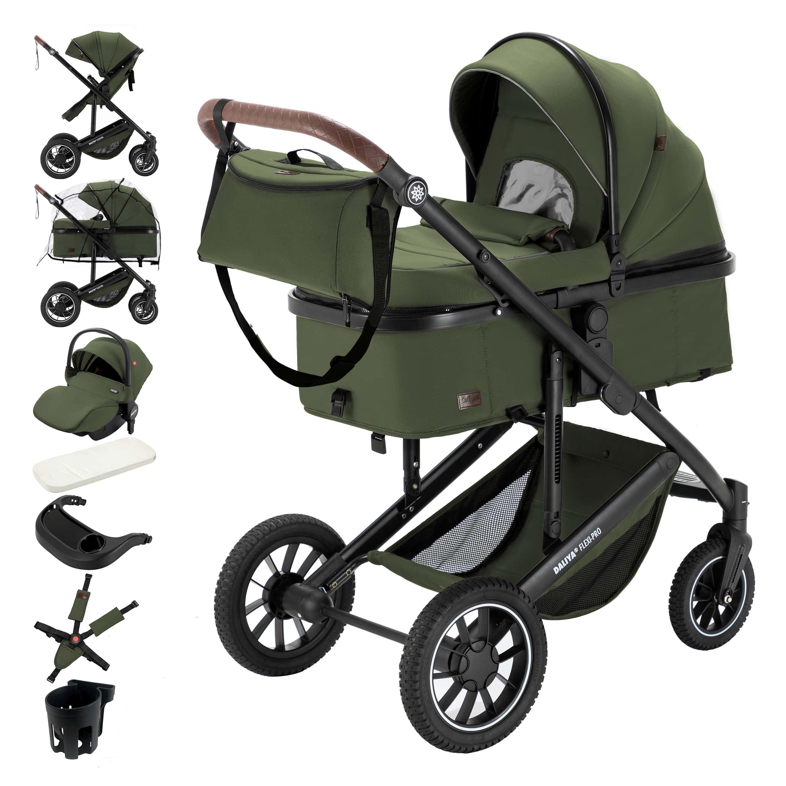 Daliya® FLEXI-PRO M 3in1 Kinderwagen & Buggy mit i-Size Babyschale, Viel Zubehör (Olivgrün)