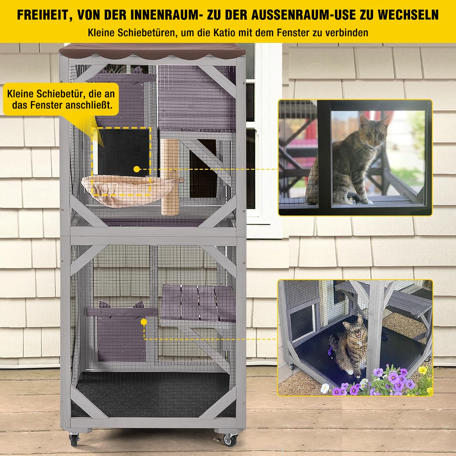 Aivituvin Katzengehege für Außenbereich, mobiles Katzenhaus Haustiergehege mit Rollen, ausgestattet mit Ruhebox, Hängematten und wasserfester Abdeckung (Grau, M)