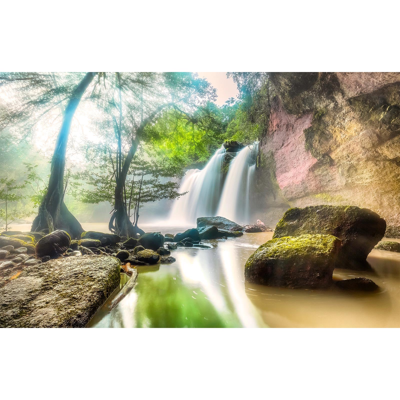 Waterfall Aquarium Background Jungle Rainforest Natural Landscape Terrarium Background Jungle Style Tranquil Stream Fish Tank Background Fall Forest Sunbeams Reptile Background Vinyl 48x18in