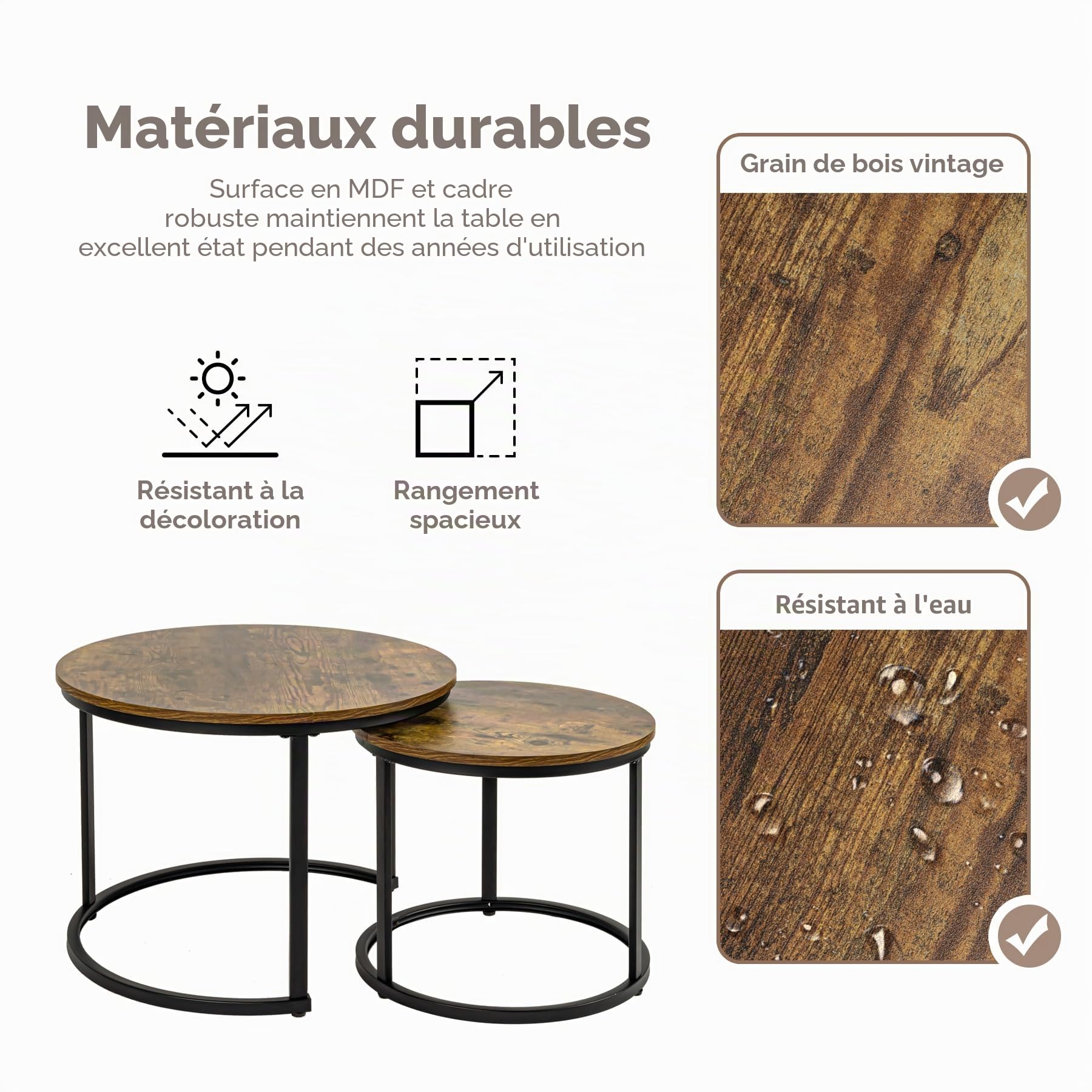Hawthyhome Lot de 2 Tables d'appoint Rondes, en Bois avec Cadre en métal, Tables Basses Modernes pour Salon, Chambre à Coucher, Marron