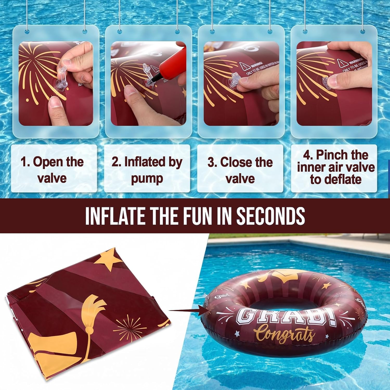 Graduation Inflatable Swim Rings with Air Pump Congrats Grad Sign Activities Inflatable Pool Float 2026 Graduation Party Favor Swimming Pool Supply for Graduates Seniors College 31.5"