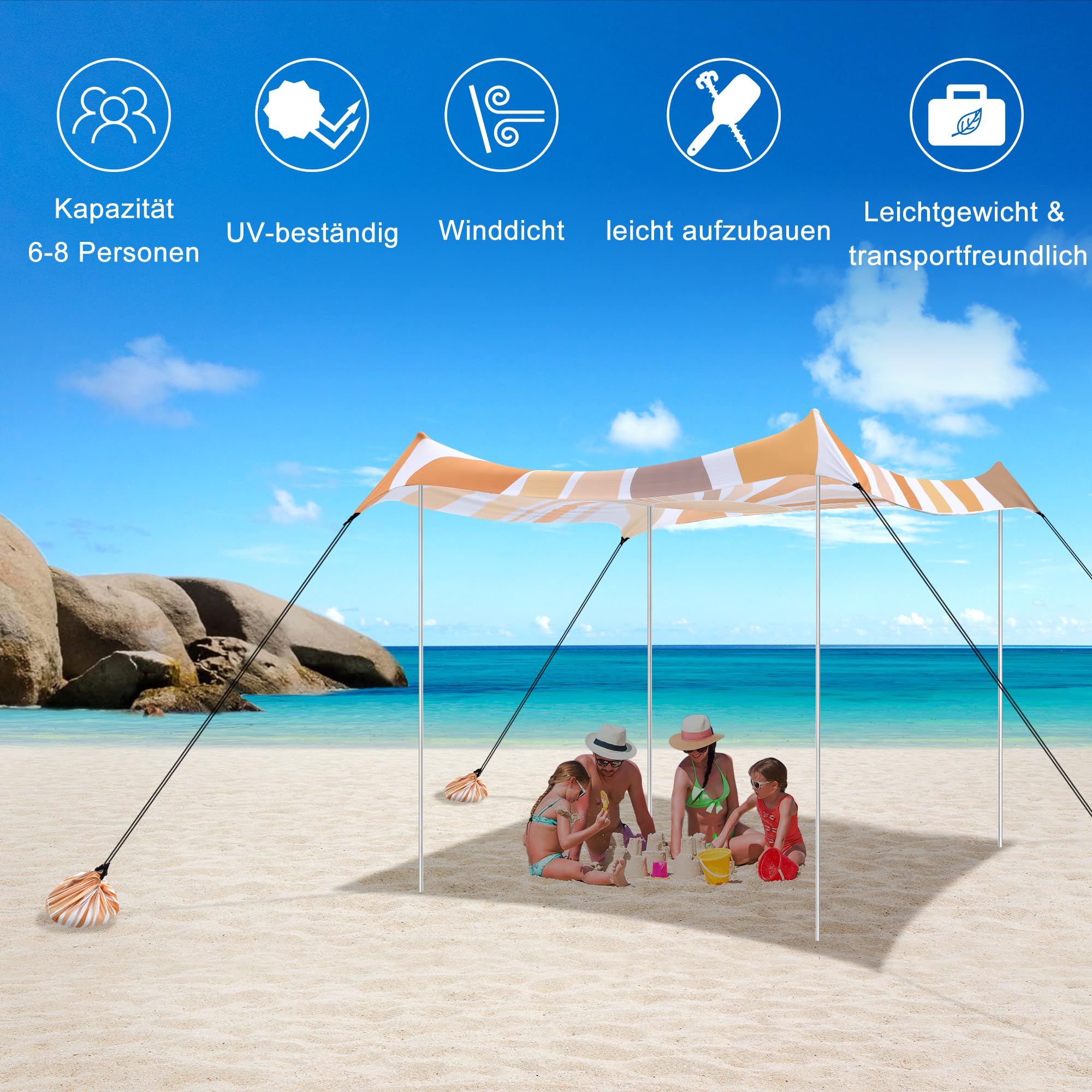 Strandmuschel, Strandzelt Sonnenschutz UV 50+, Windschutz Strandzelt, 3×3 m Tragbar Pop-Up Sonnensegel Strand mit Sandankern & Heringen für Camping, Angeln, Picknick im Garten Strand - Sonnenblumen