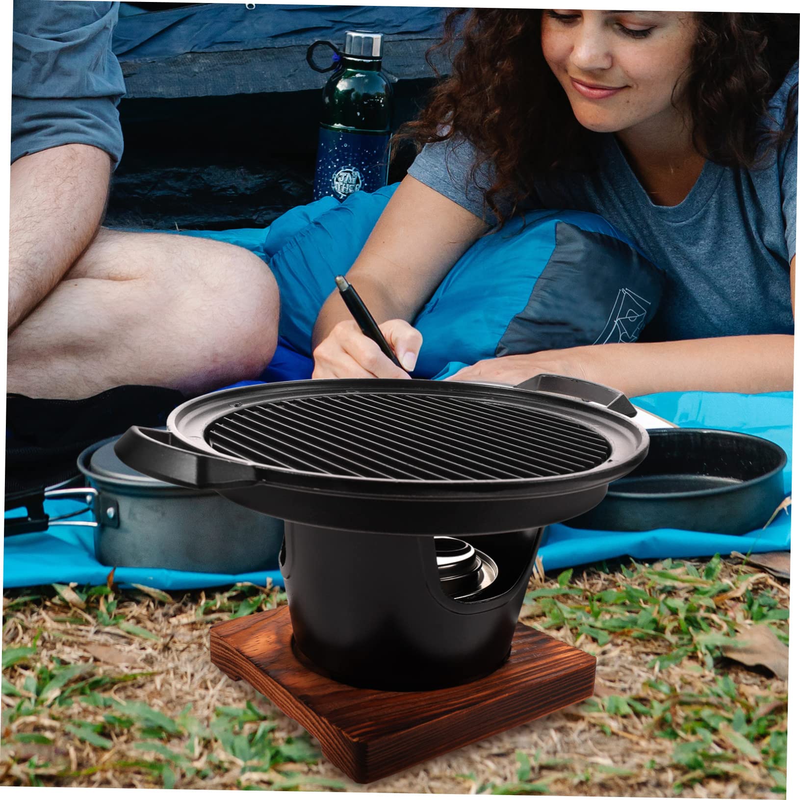 Mini Parrilla de Barbacoa sin Humo, Juego para 2-3 Personas | Aleación de Aluminio y Madera, Color Negro, Uso en Camping y Hogar, para Verduras y Comida