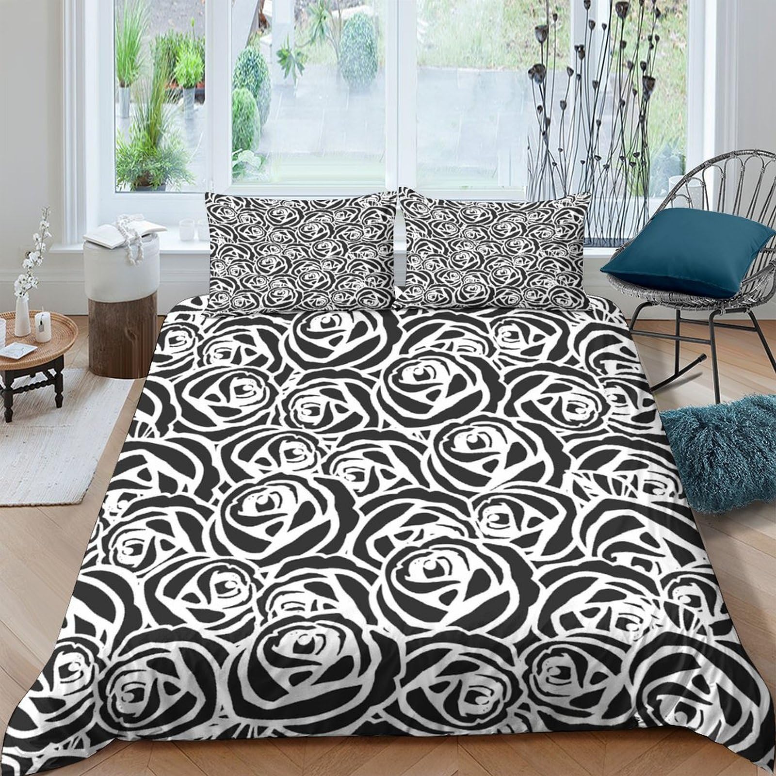 Housse de couette fleur 3D pour chambre adulte parure de lit moderne imprimé rose noire