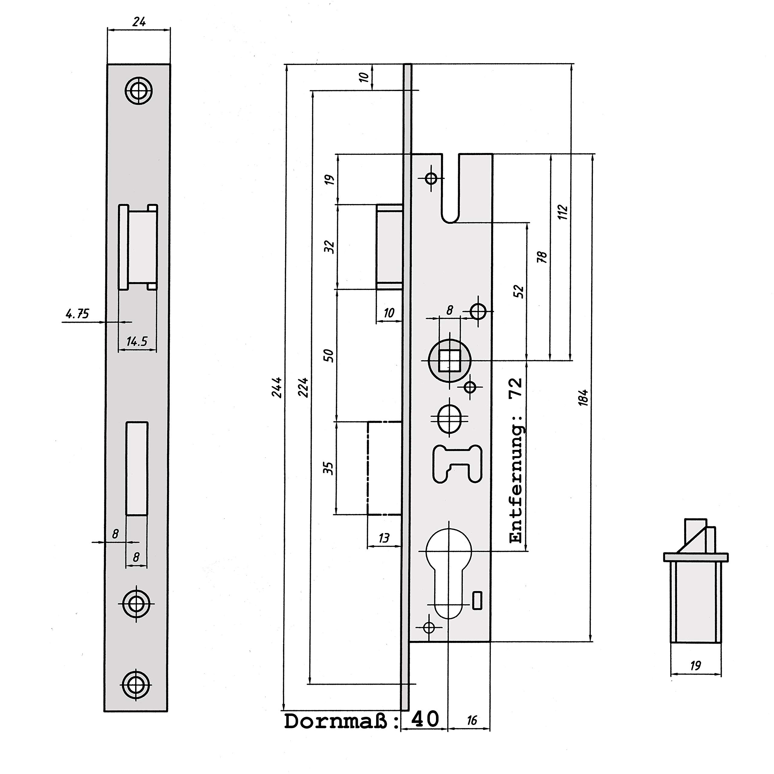 Rohrrahmenschloss PZ/W mit 72 mm Entfernung, Nuss 8mm und verzinkter Stulpe 24 x 244 mm (Dornmaß 40)