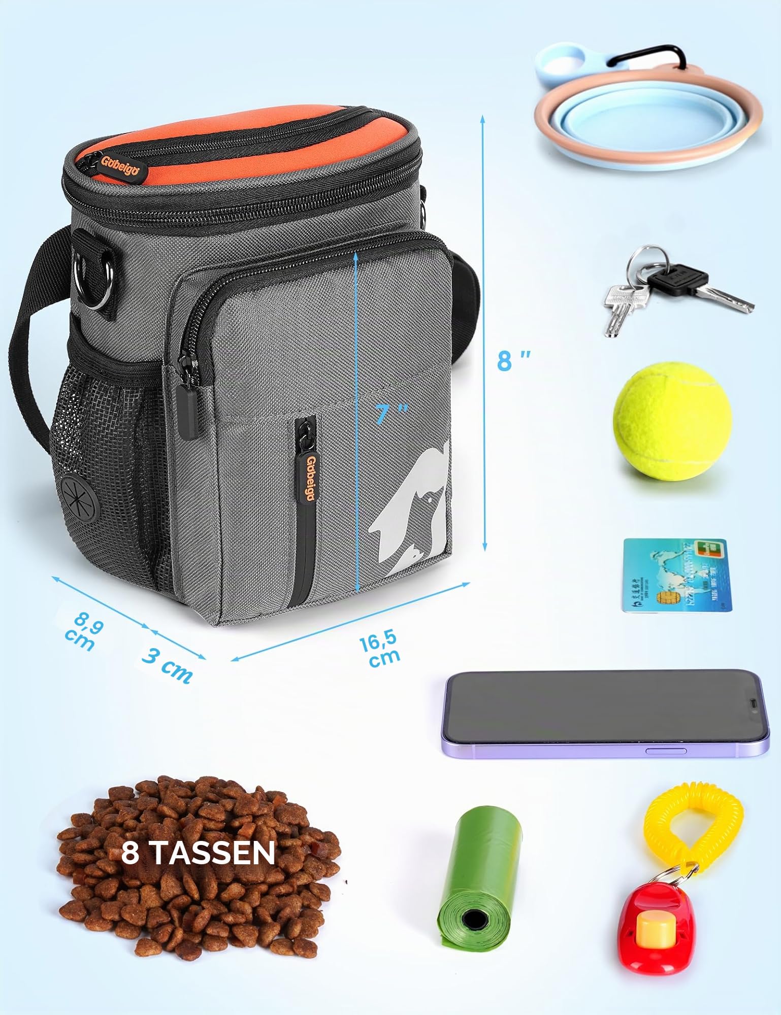 Gobeigo Leckerli-Tasche für 8 Tassen und Trainings-Clicker, Hundetasche mit Handyhalter, integriertem Kotbeutelspender, 3-Wege-Tragbare Haustier-Fanny-Tasche für Outdoor-Reisen (Grau und Schwarz