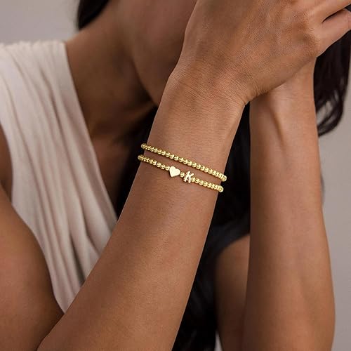 Miniatura 4 de Ursteel Pulsera de corazón con inicial para mujer, delicada, chapada en oro de 14 quilates, pulseras de cuentas para mujer, joyería de corazón de la
