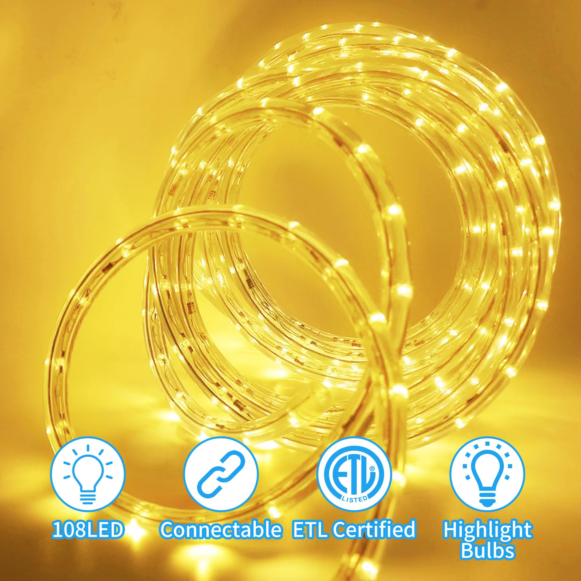 LED Rope Lights Outdoor, 108 LEDs 16Ft Connectable and Flexible Strip Lights, 110V Plug Waterproof Classic Tube Lights for Indoor Tree Patio Garden Party Wedding Christmas Decorations (Warm White)