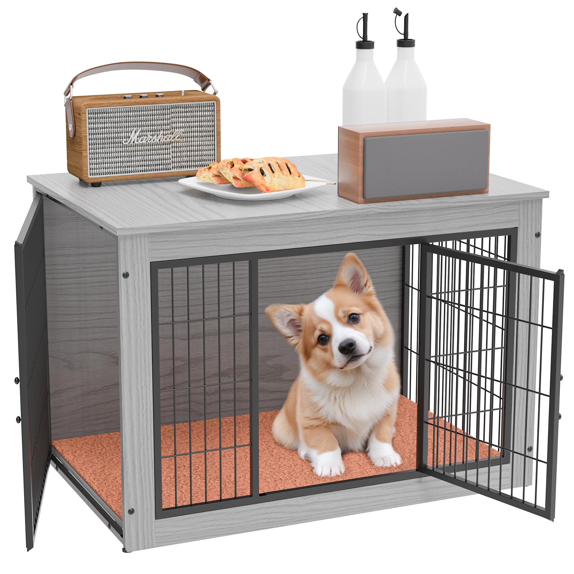 Petnniko 犬 ケージ ペットケージ 犬 サークル 小中大型犬用 幅82×奥行56×高さ64cm 屋根付き 室内 毛布付き 木製 耐荷重100kg 掃除しやすい 二つのドア 丈夫 頑丈 安定感高い オシャレ 犬 ゲージ ペットゲージ グレー (グレー, M)
