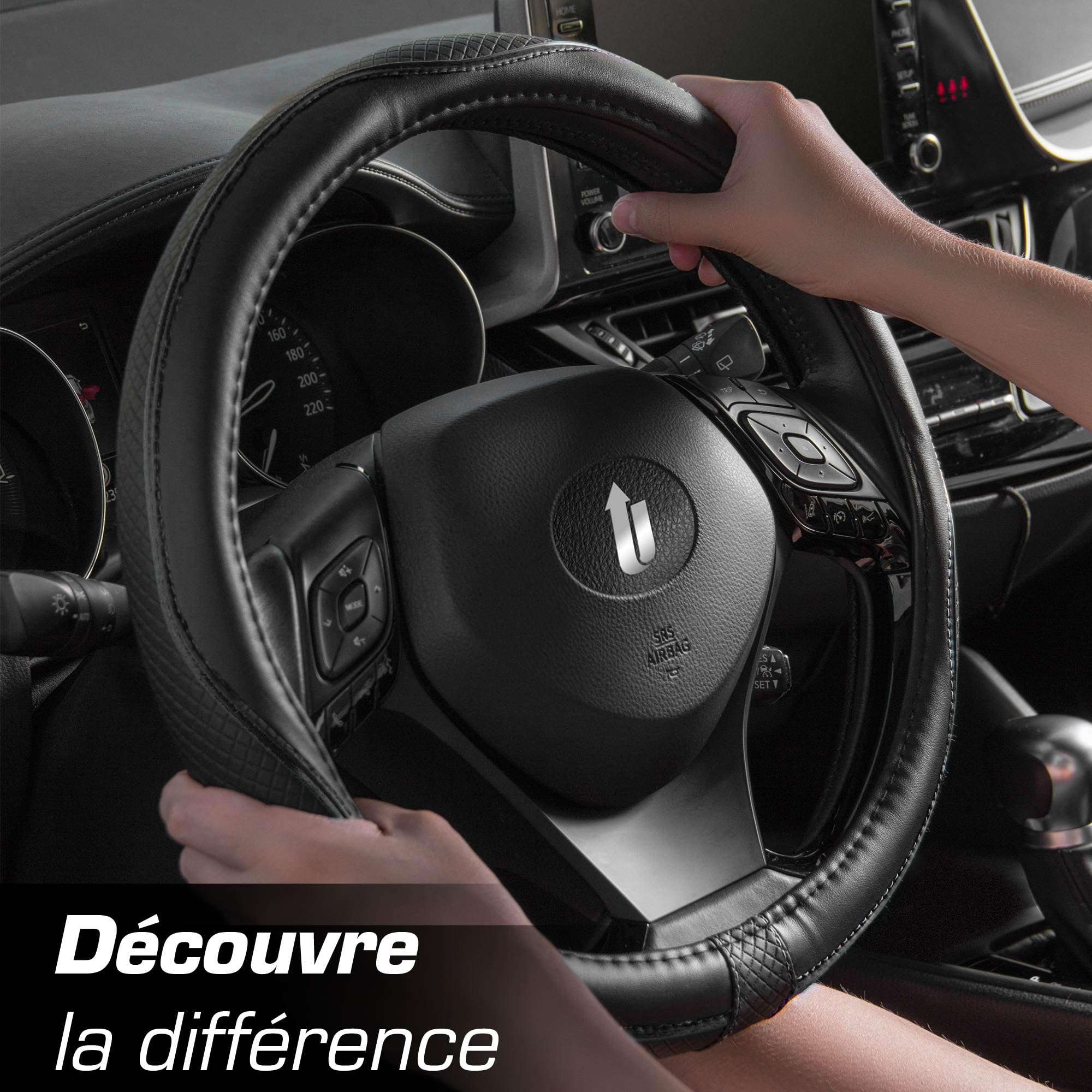 Upgrade4cars Couvre Volant Voiture Noir Simili Cuir | Housse de Protection Taille Universel 37-38 cm | Accessoires Auto Decoration Interieur Protege
