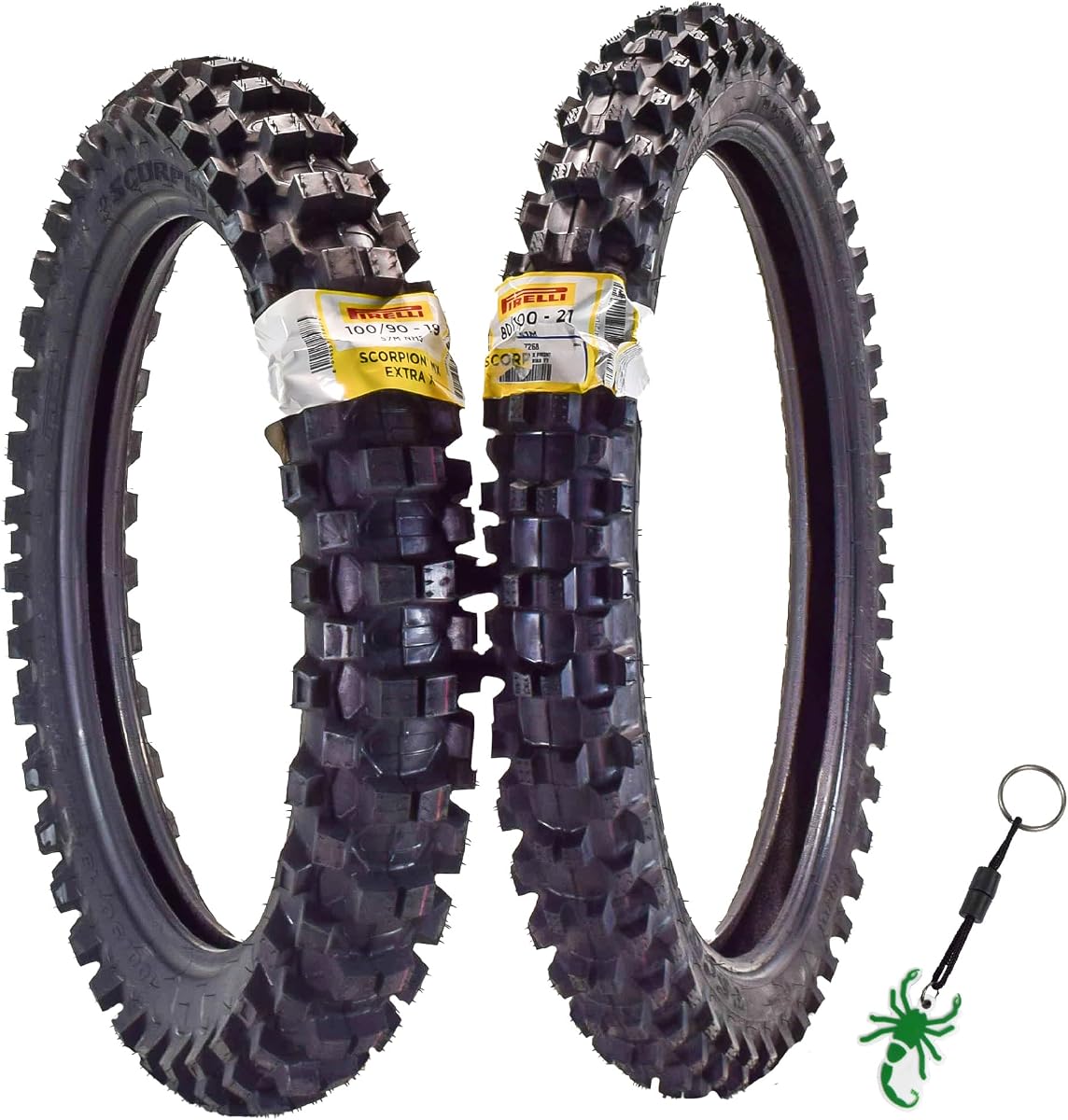 Juego de neumáticos Pirelli Scorpion Extra X 80/100-21 delantero y trasero 100/90-19 | Tubo de tela diagonal, terreno medio blando a medio duro, motocross todoterreno, incluye llavero
