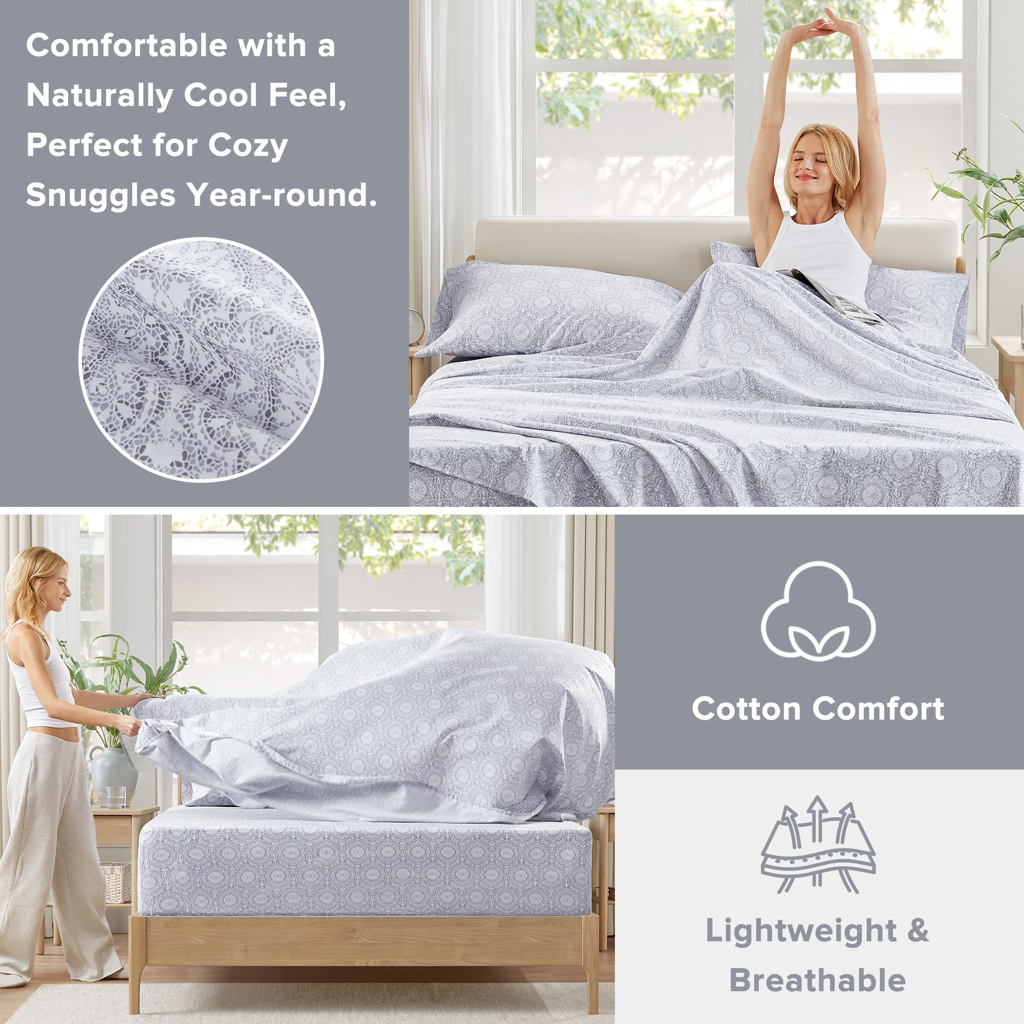 Comfort Spaces Komplet pościeli, 100% bawełna, oddychający, lekki, miękki, z elastyczną kieszenią 35 cm, do materacy o grubości do 40 cm, pościel całoroczna, poszewka, 4 el., Full Adelia, szary