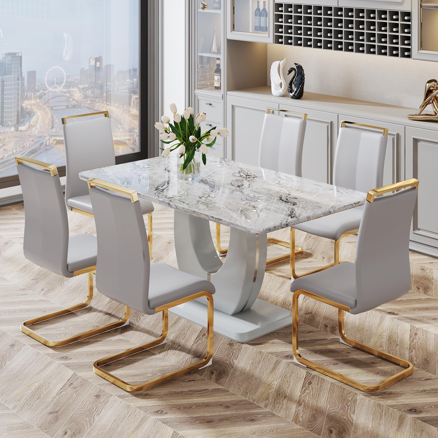 JUFU Dining Table Set for 6,Marble Dining Table Set with Faux Marble Table Top,Modern Dining Room Table Set for 6,Dining Table and Light Gray PU Leather Chairs with Golden Legs for Kitcken