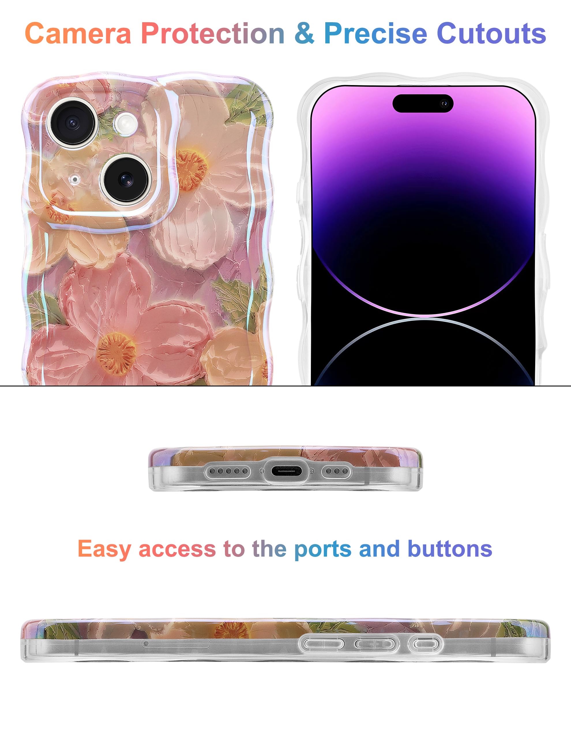 Jusy Handyhülle Für IPhone 15 – Transparent Mit Blumenmuster, TPU, Stoßfest, Chrysanthemen-Design