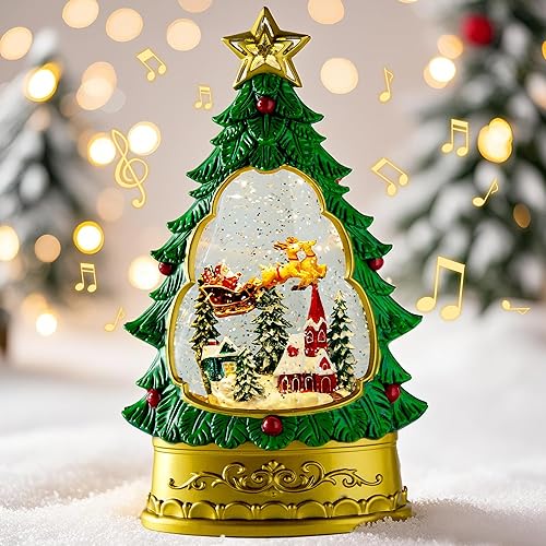 Linterna musical de globo de nieve de Navidad, árbol de Navidad preiluminado brillante, Papá Noel y alce, con forro USB o funciona con pilas,