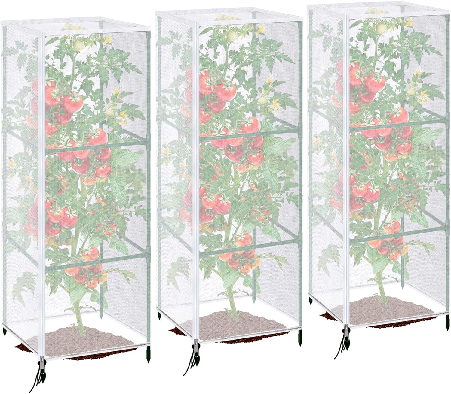 3 Pcs Garden Bird Netting Plant Cover for Square Tomato Cage, 59″ x 17.7″ Insect Bird Barrier Tomato Cage Net with Zipper & Drawstring, Tomato Trellis Netting Protection Cover for Protecting Plants