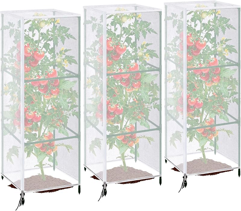 3Pcs Garden Bird Netting Plant Cover for Square Tomato Cage | 59"x17.7"Insect Bird Barrier Tomato Cage Net with Zipper & Drawstring, Tomato Trellis Netting Protection Cover for Plants