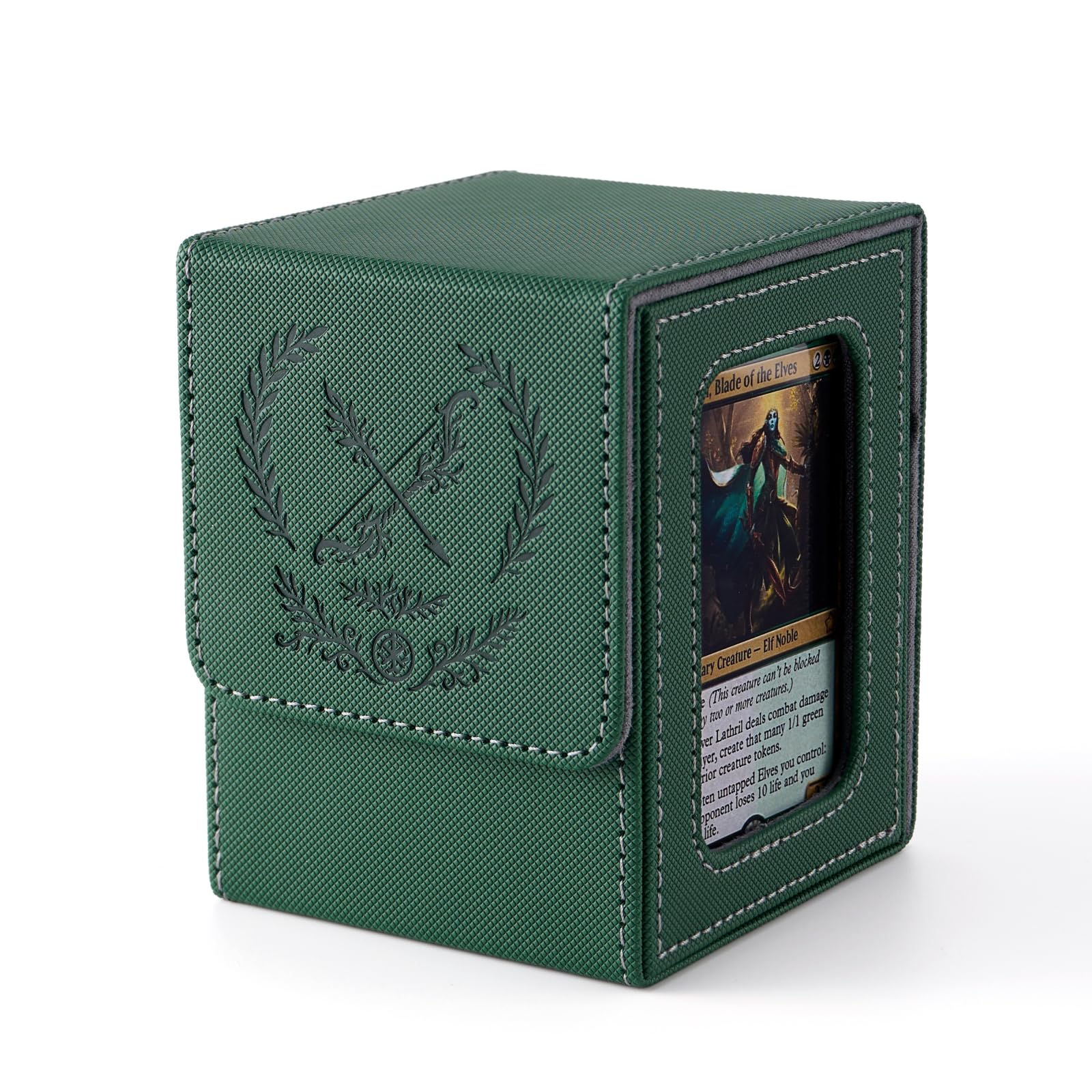 Venssu MTG Deck Box with Commander Display, Elf Card Deck Case Fits 100 Double Sleeved Cards, TCG Card Storage Box with 2 Dividers and 1 Toploader (Green and Grey)