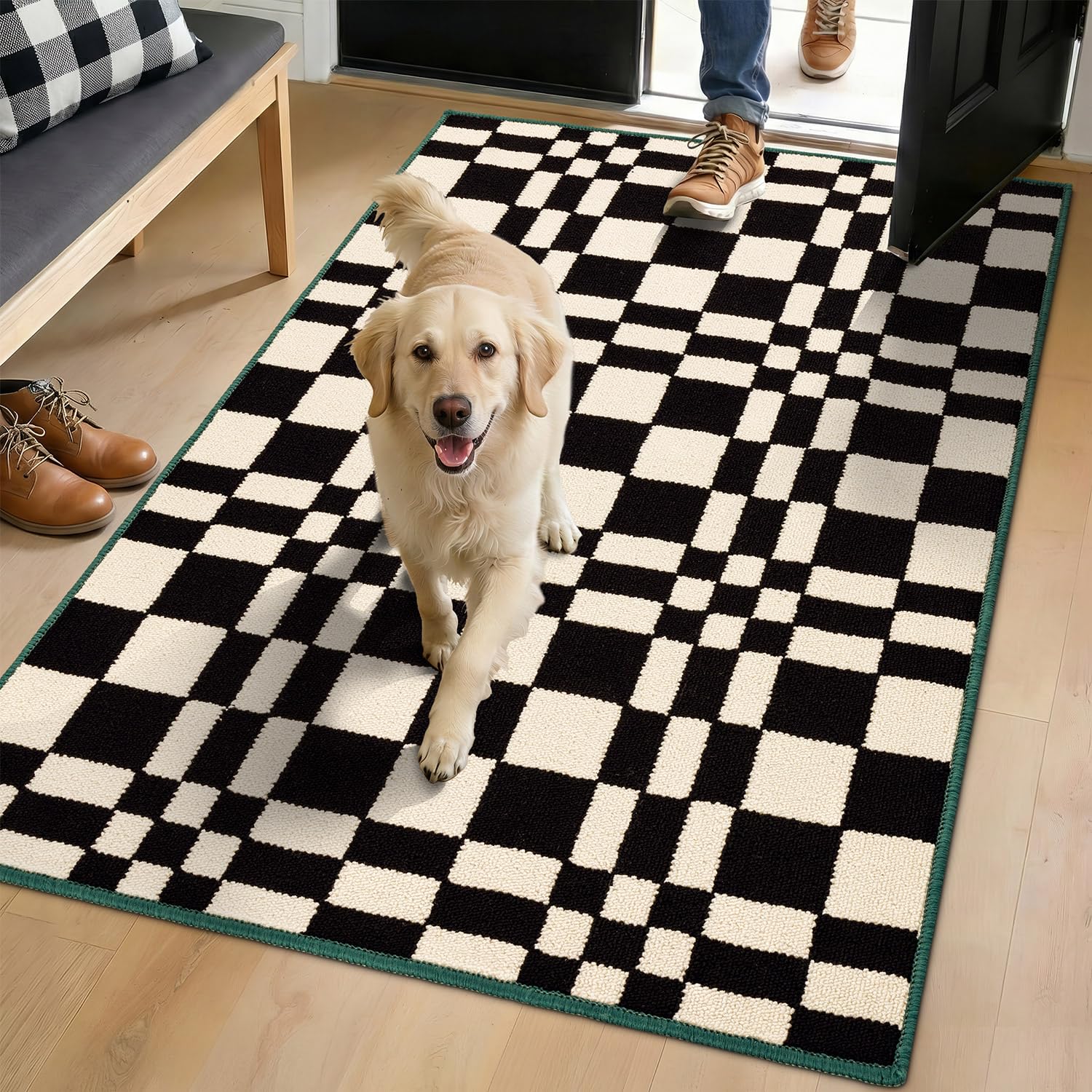 Biscpro Tapis à Carreaux Paillasson,Attrape-Poussière 80x120cm Tapis d'accueil pour Porte,Tapis d'intérieur antidérapant,Lavable et Absorbant,Tapis d'entrée à Profil Bas couloirs,buanderie(Noir)