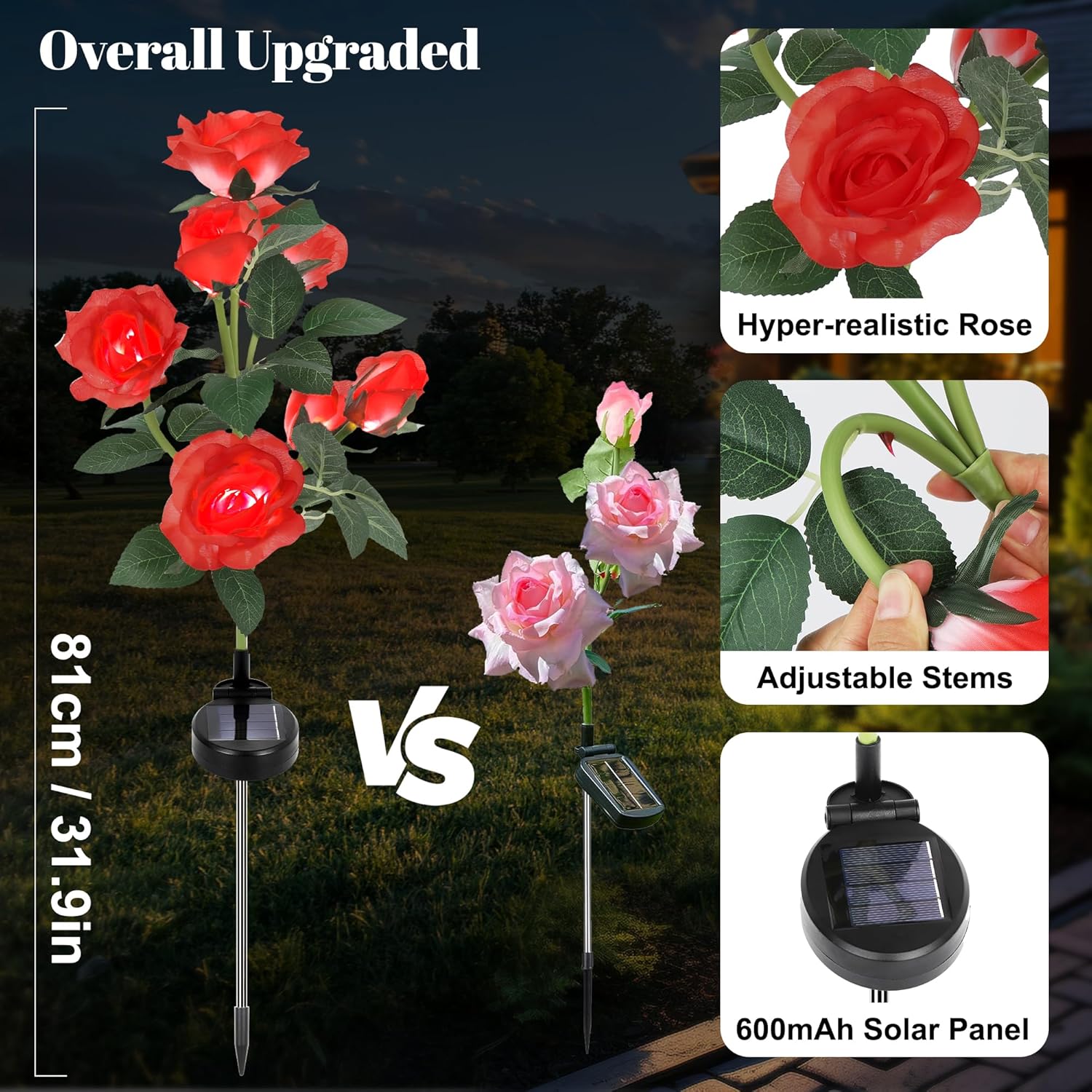 Solar Rose Lights Outdoor, 2 Pack Waterproof Color Changing LED Flower Lights, Solar Powered Garden Stakes for Yard, Patio, Pathway Decor - Artificial Floral Decorative Lighting