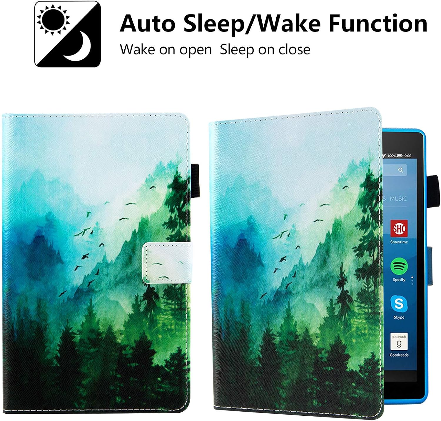 Dteck for Fire HD 8 (8th/7th/6th Generation) Smart Folio Tablet Case 2018/2017/2016 Release (8") with Auto Sleep Wake/Stand/Card Slots, PU Leather Protective Cute Slim Magnetic Cover, Green Tree