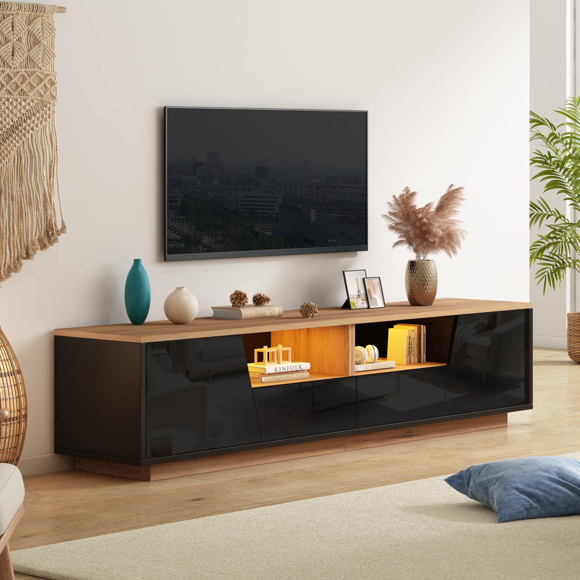 Mueble bajo para TV con LED, 180 cm, color negro natural