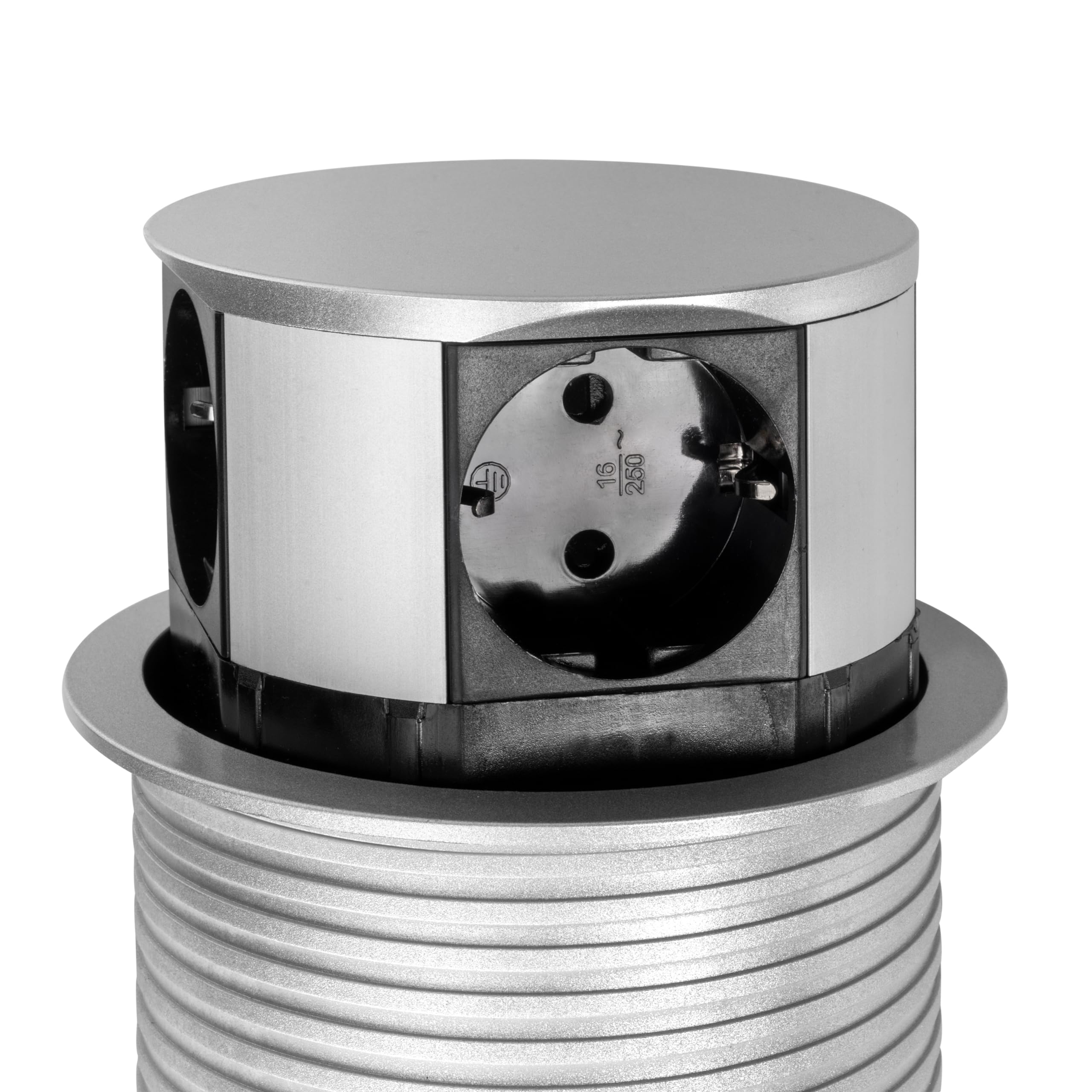 Emuca - Multiconnecteur Vertikal Push diamètre 100mm, 3 Prises de Type Schuko, 1 USB Type A, 1 USB Type C, Acier et Plastique, Peint en Aluminium