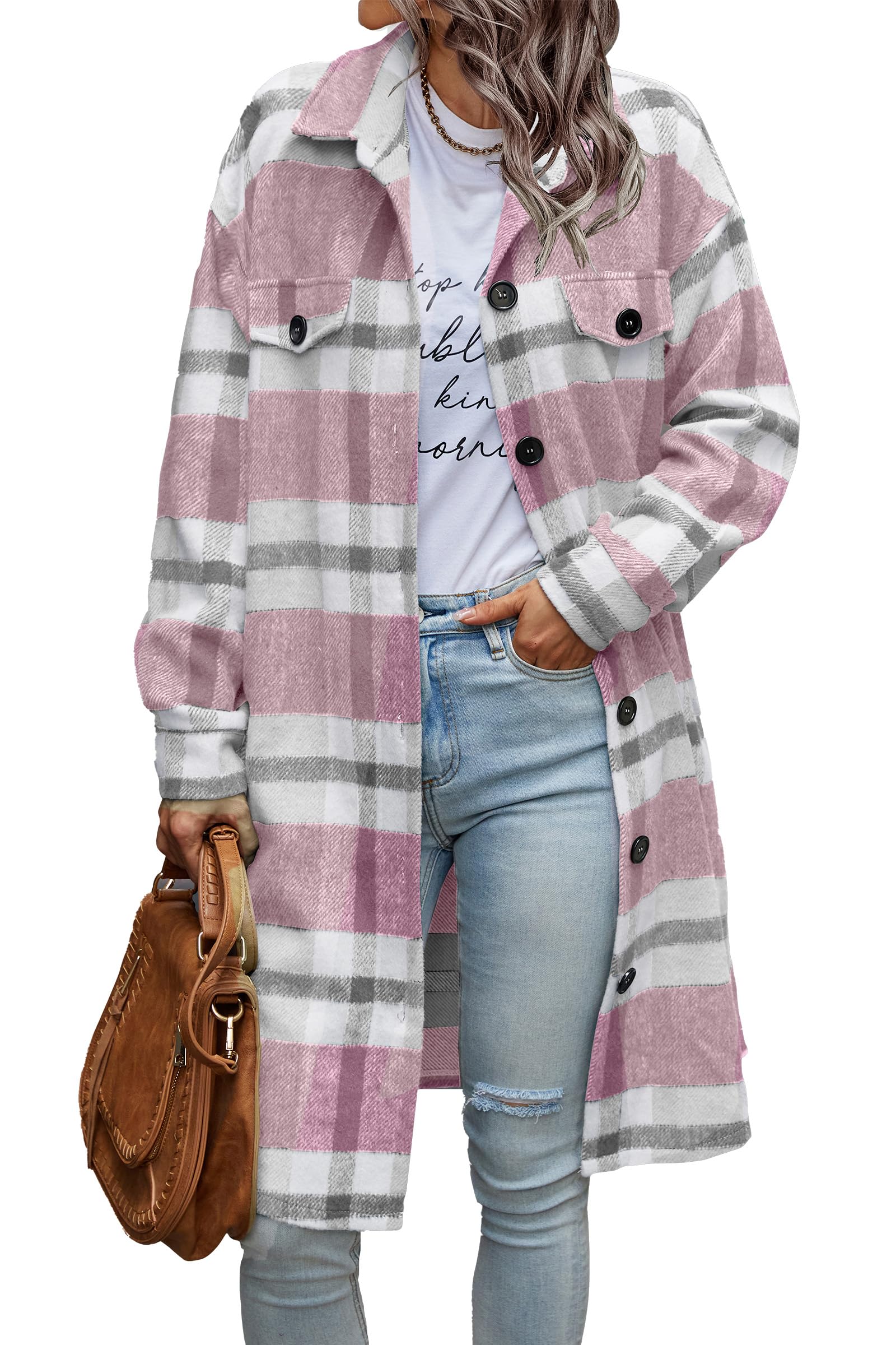 PRETTYGARDEN Womens Plaid Shacket Jacket Fall Fashion 2026 Long Sleeve Button Up Flannel Shirt Winter Clothing Woolen Coats