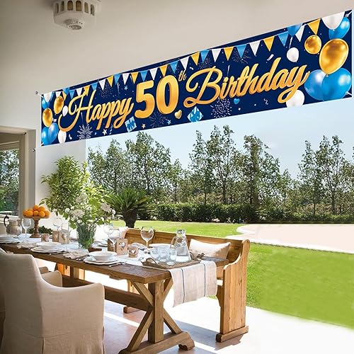 Vista 27 de Cartel grande de feliz cumpleaños 60, telón de fondo azul dorado 60 cumpleaños, suministros de decoración de fiesta de 60 años para hombres, patio