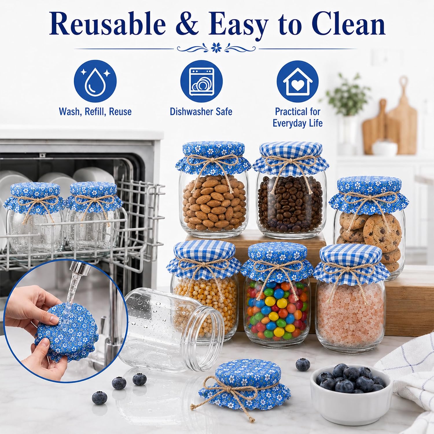 30 Mini Glass Jam Jars 200 ml (6.8 oz) with Lids BPA Free Small Yogurt Bottles for Jam Honey Dessert Wedding Party Favors Table Centerpiece Candy Buffet Decor with Fabric Covers and Twine（Blue）