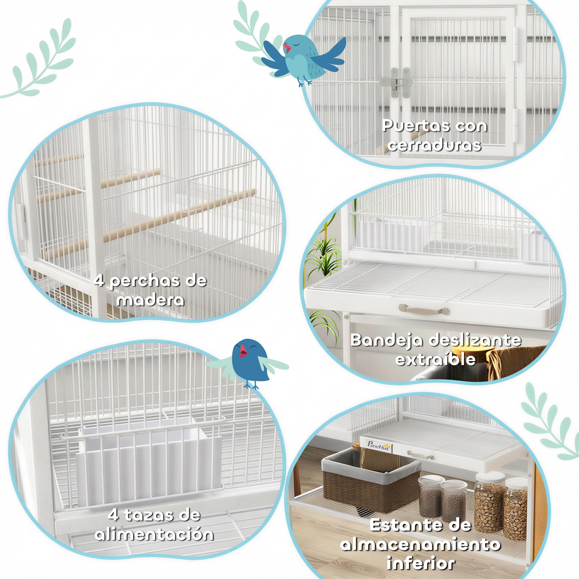 PawHut Jaula para Pájaros Grande con Divisor, Pajarera Doble con Ruedas, 4 Comederos, 4 Perchas, Estante, 2 Bandejas Extraíbles, para Periquitos, Agapornis, Canarios, 95x45,5x102 cm, Blanco