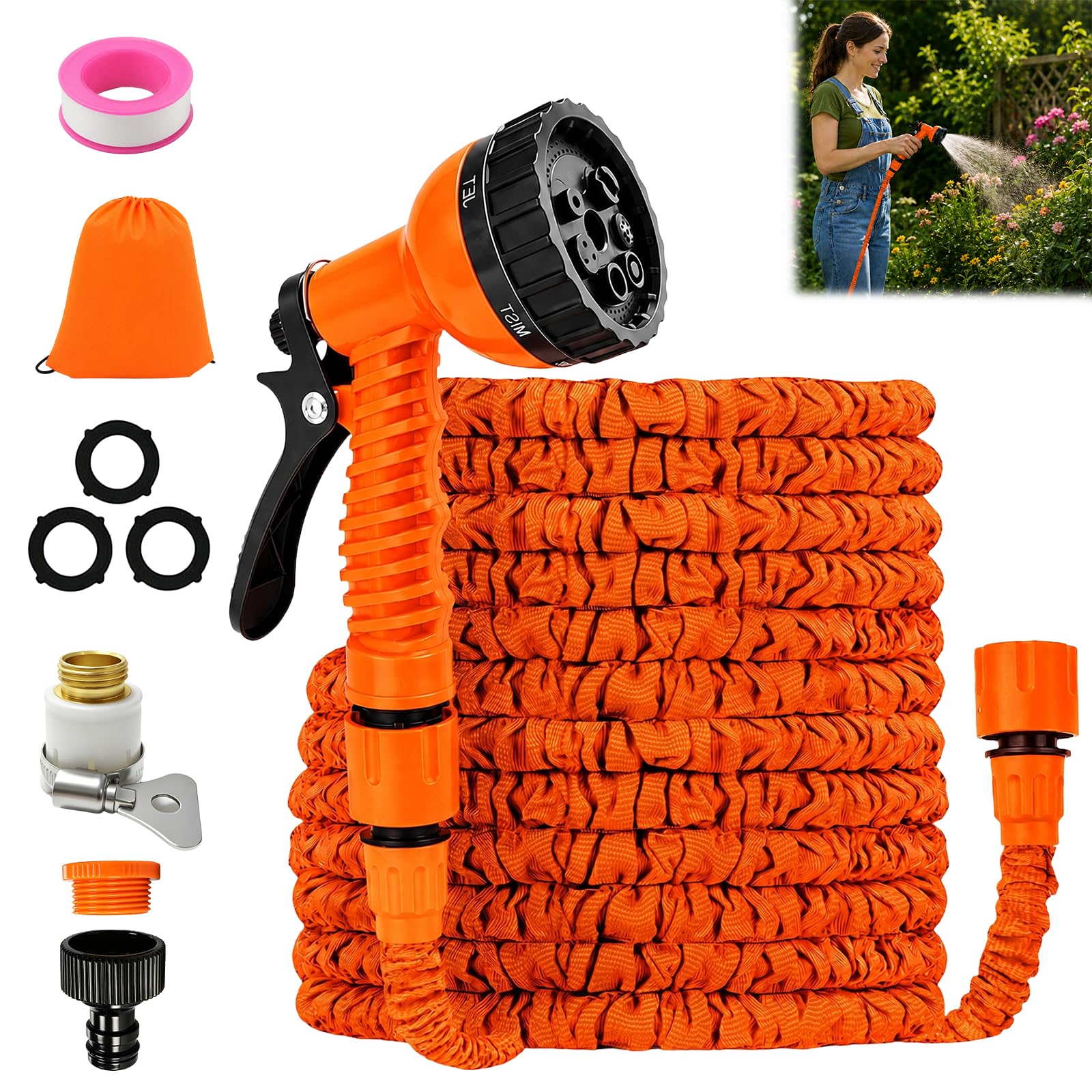 Garden Hose Pipe 50FT/15m, Expandable Flexible Water Hose with 8-Function Spray Gun, 3/4" & 1/2" Brass Fittings, Anti-Leakage Latex Hosepipe for Garden, Car & Pet Washing.