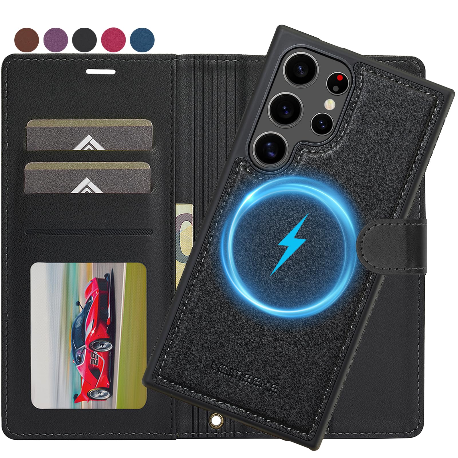 Ailicici für Samsung Galaxy S24 Ultra Hülle, [Abnehmbar] 2-IN-1 Abnehmbare magnetische Hülle, Kabelloses Laden, Kartenfach Leder Case, Handyhülle RFID Klapphülle, Schutzhülle für Samsung S24 Ultra 5G