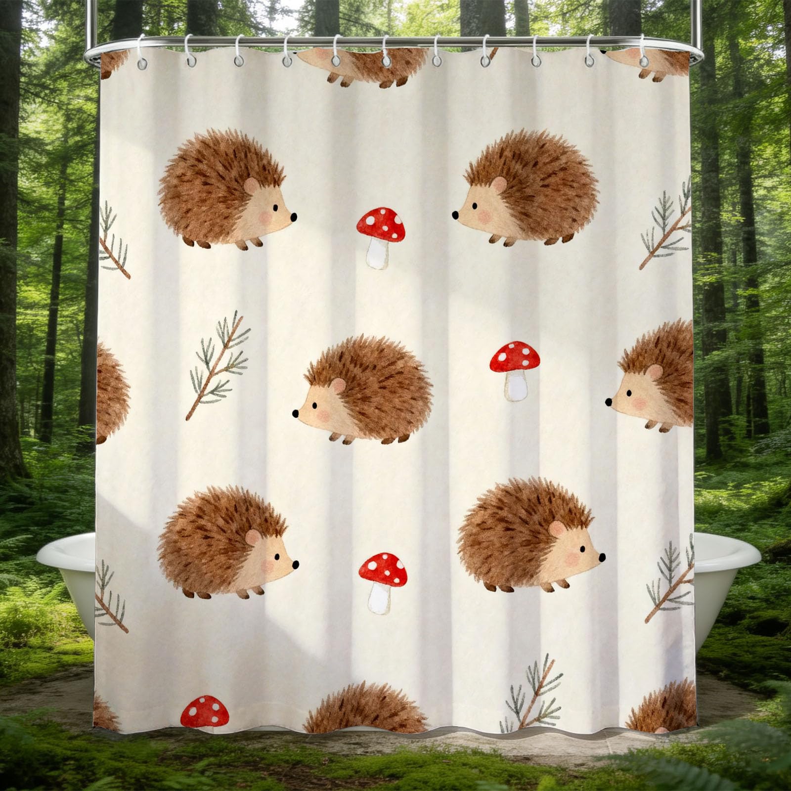 Hongduo 3D Hedgehog and Mushroom Shower Curtain for Stalls Bathtubs Woods Animals Bathroom Decor Shower Curtain Set Polyester Fabric Waterproof 180x180cm/71X71 Inch with Hooks