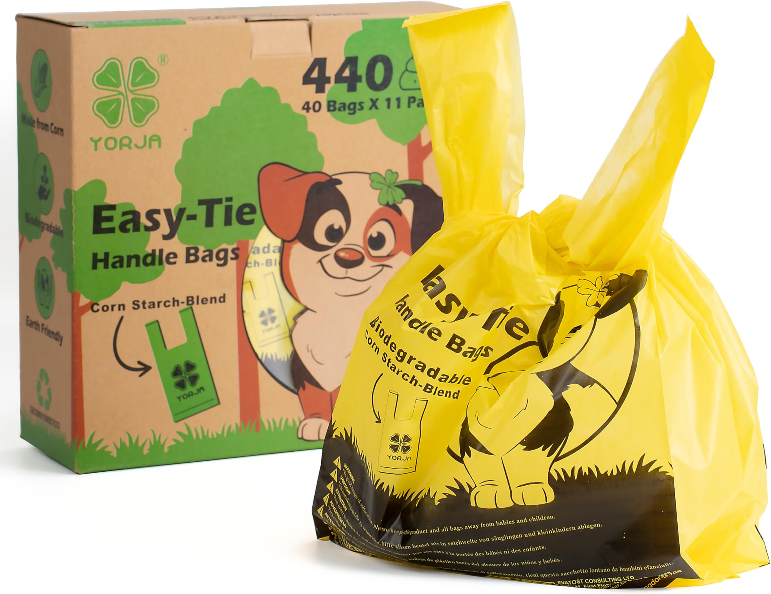 YORJA Tie Handles Dog Poo Bags, 440 Pet Poop Bags, Thick and Strong 100% Leak-Proof Biodegradable Cat Litter Waste Bags (Yellow)
